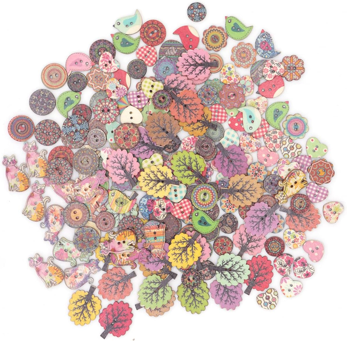 Wepetyo 200 Pcs Cute Cartoon Wooden Buttons,Wooden Leaf Buttons Assorted Design 2 Holes Mixed Animal/Flowers/Trees/Wood Button for Sewing Crafts DIY Decoration and Clothing