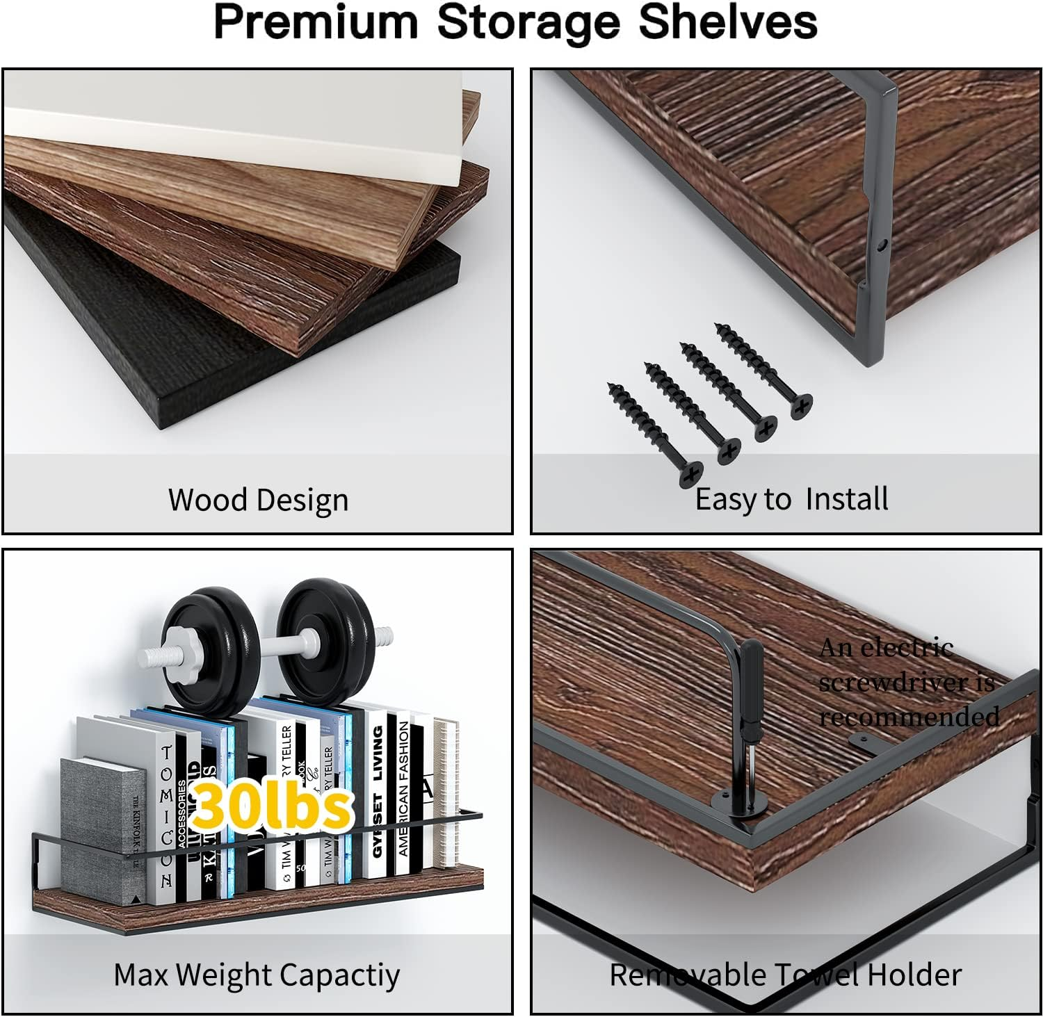 Shario Rustic Wood Floating Shelves - Set of 2, Wall Mounted Hanging Shelves with Black Towel Rack, Decorative Storage Shelves for Bathroom, Kitchen, Living Room & Bedroom (Dark Carbonized Brown) - Dark Brown image number 2