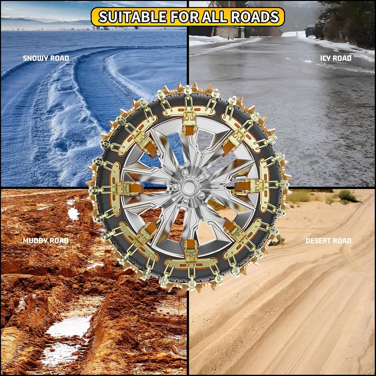 Heavy Duty 8-Pack Snow Chains ，Universal Fit for Cars, 4Wds & Suvs ，Tyre Width 175-265Mm (6.8-10.4 Inch)