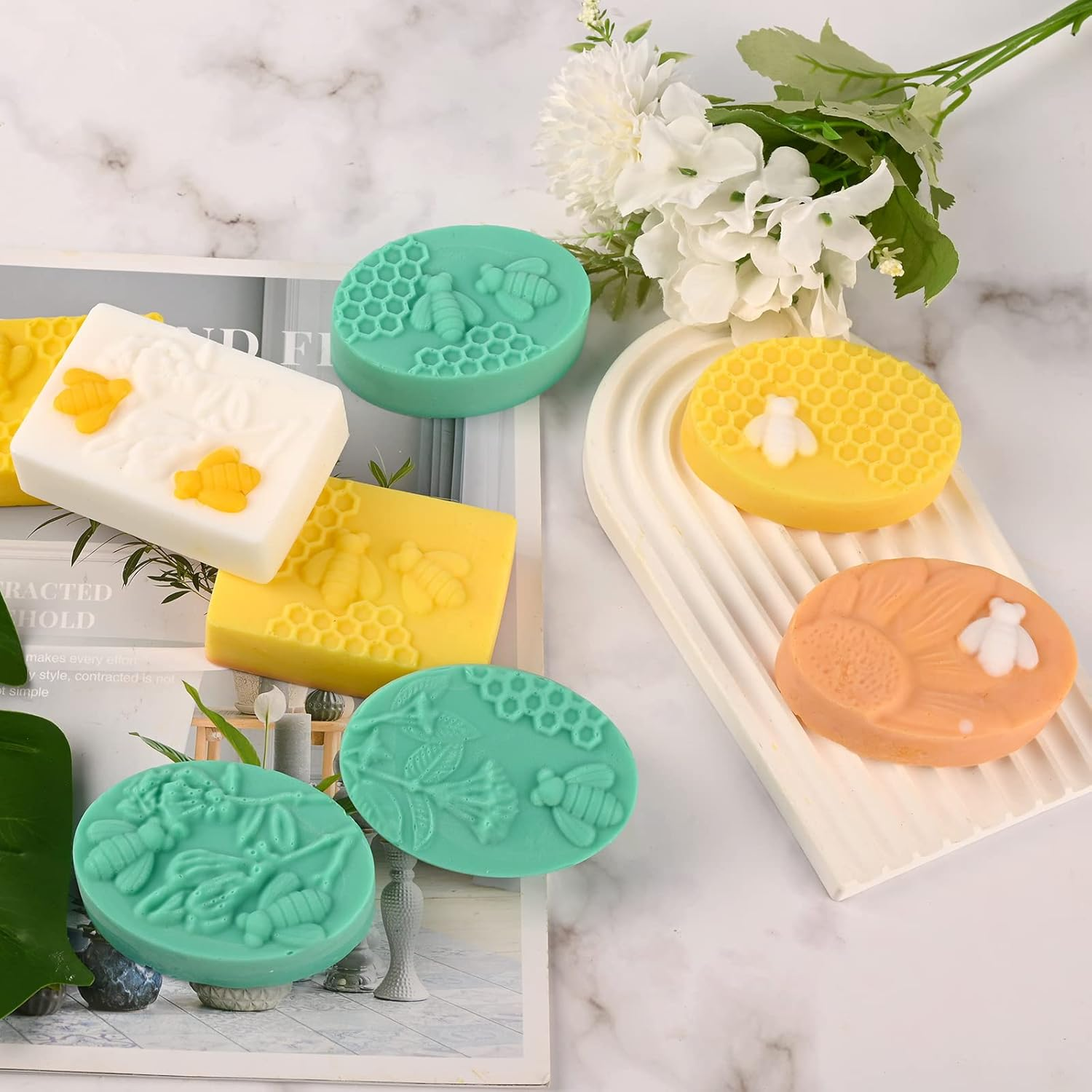 Sakolla 2 Pack 6 Cavity Bee Silicone Soap Molds Rectangle Oval Honeycomb Silicone Molds Loaf Handmade Molds for Soap Making Supplies DIY Wax Melts, Beeswax, Cake Chocolate Bakeware