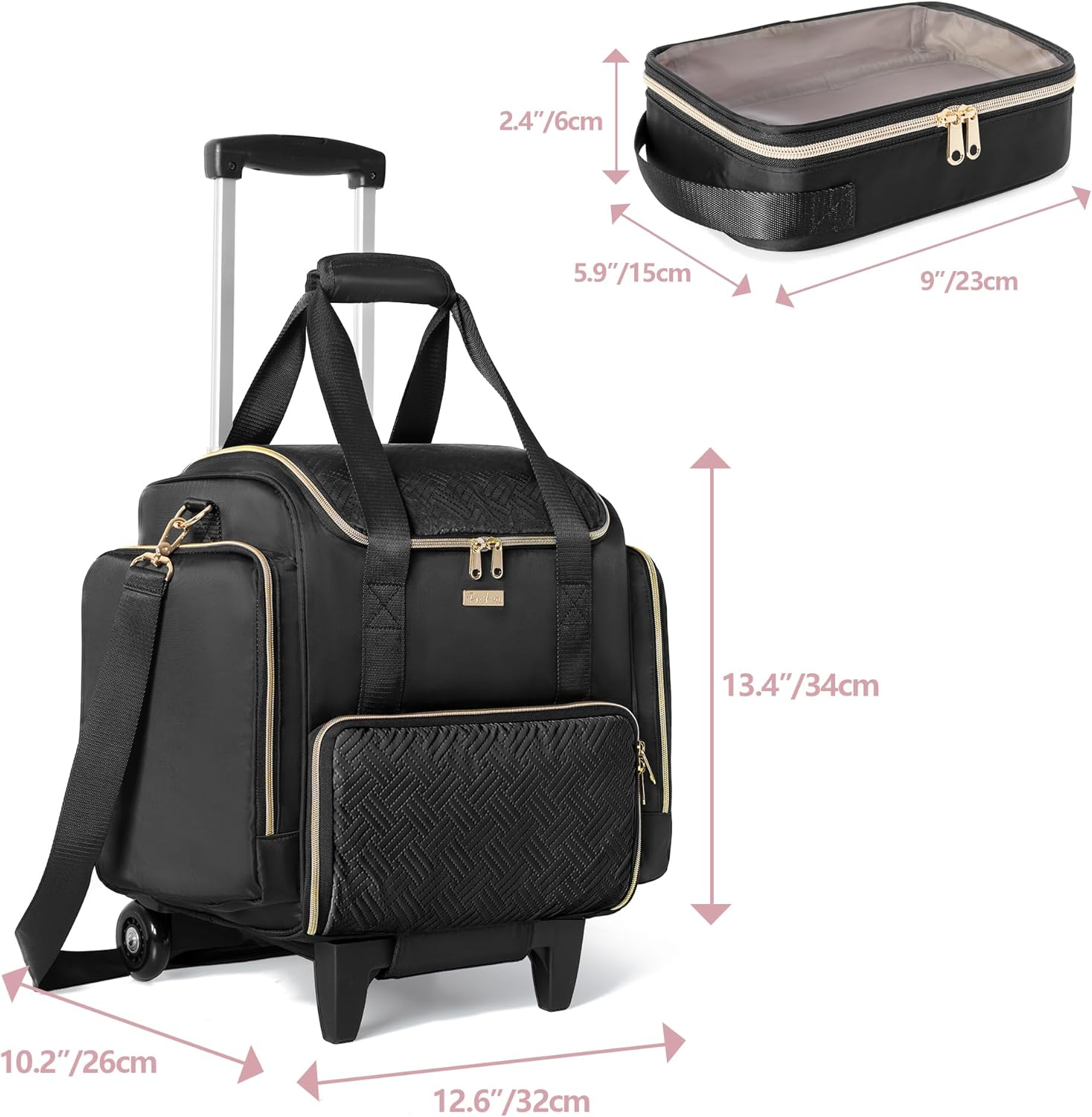 Prokva Rolling Makeup Case with 4 Removable Bags, Professional Makeup Train Case with Wheels, Makeup Artist Travel Bag with Brushes Storage Section (Patent Design), Black, Detachable Trolly Makeup