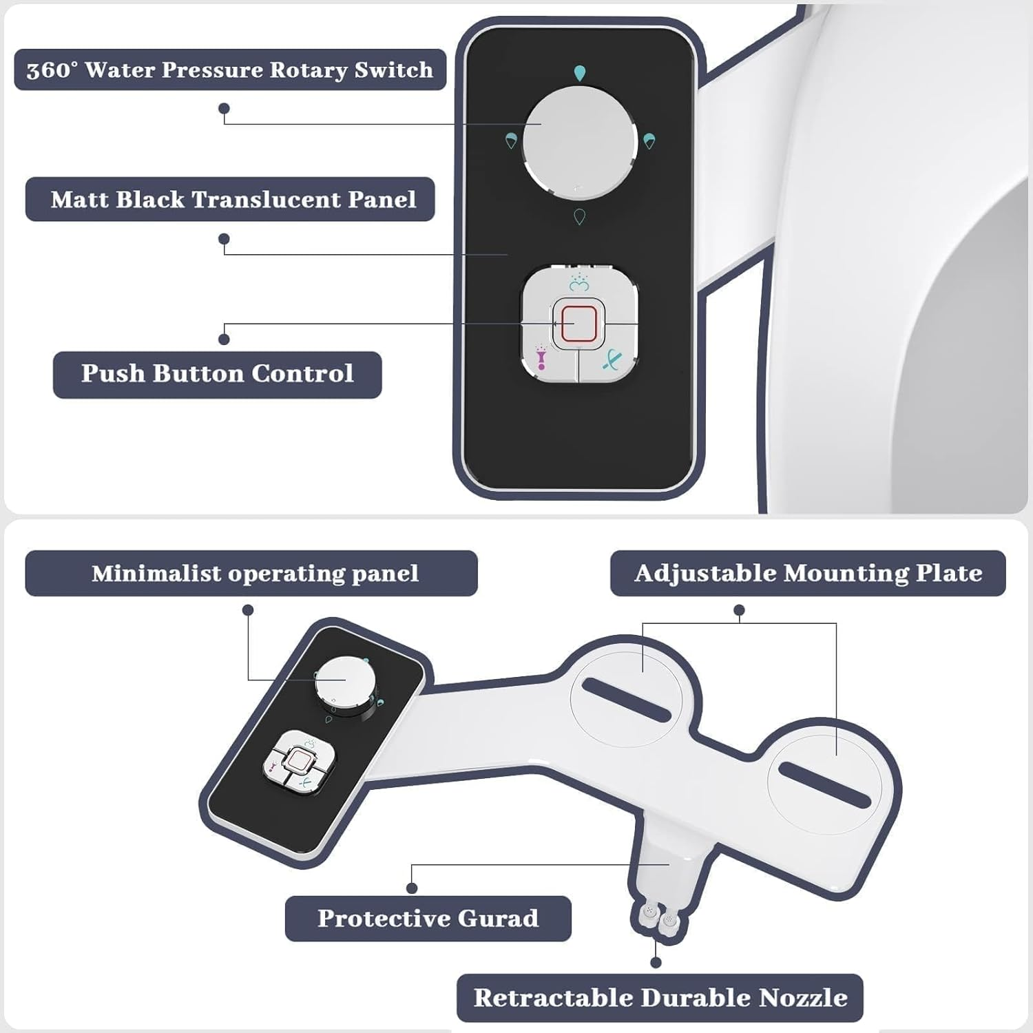 PENDEJATO Bidet Attachment for Toilet - Push Button WC Bidet with Self-Cleaning Dual Nozzle(Front & Rear Wash) - Ultra-Slim Bidet Toilet Seat Attachment with Water Pressure Adjustment (Classic Black) - Classic Black image number 6