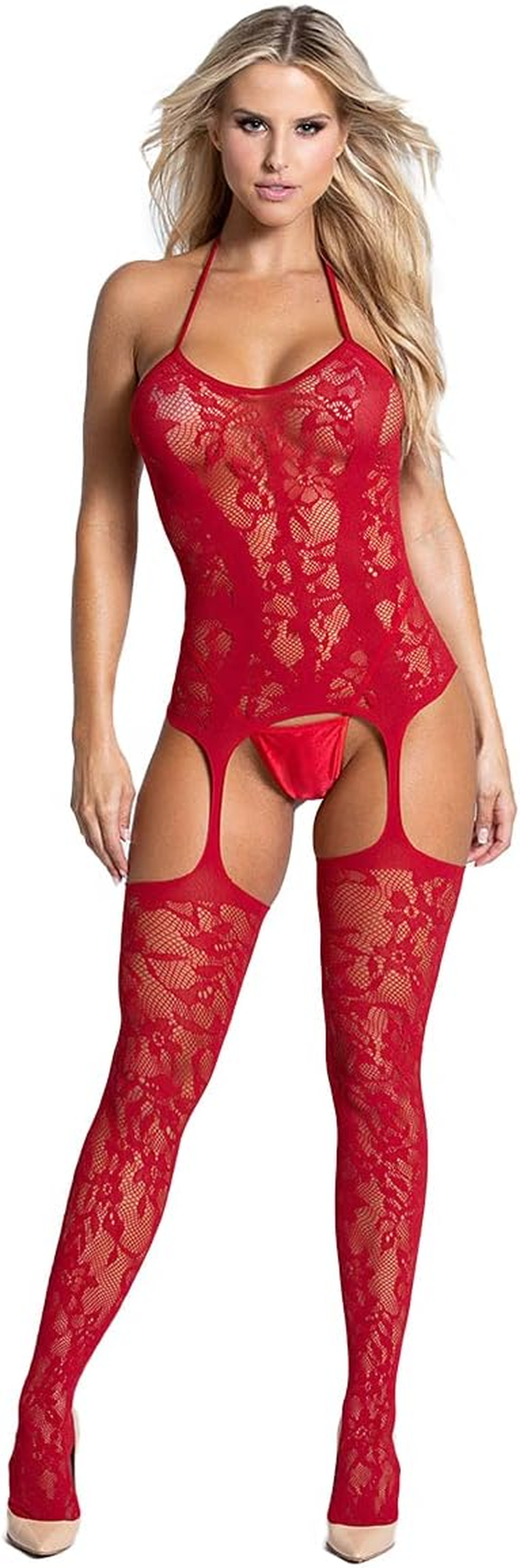RSLOVE Women Fishnet Bodystocking Attached Stockings Sexy Lingerie Crotchless Bodysuit One Piece Babydoll One Size