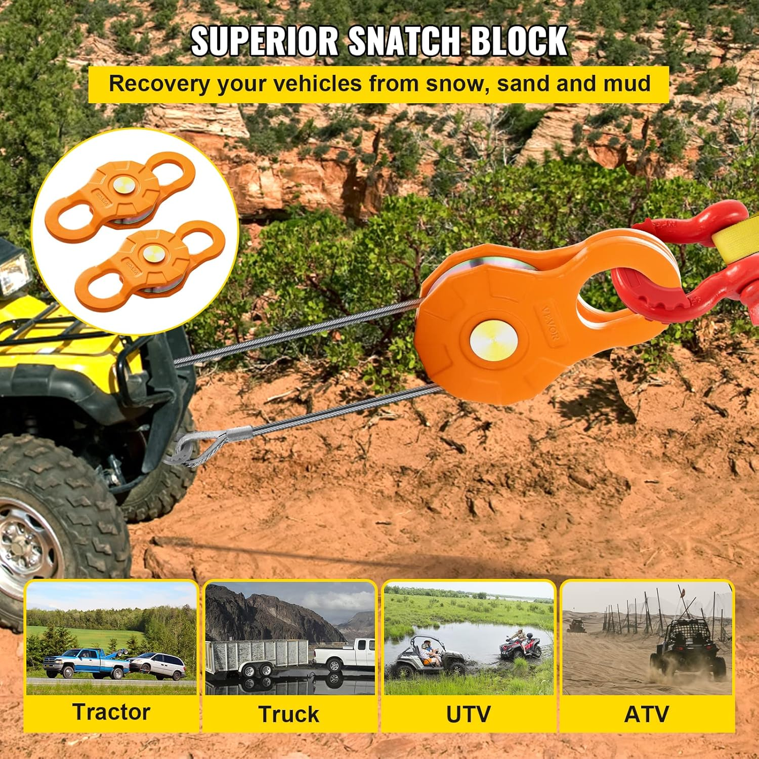 VEVOR Snatch Block, 11T/25,000 LBS Working Load Limit, Heavy Duty Winch Pulley for 0.55"/14 Mm Synthetic Rope or Soft Shackles, Off-Road Recovery Accessories for Tractor, Truck, ATV & UTV, 2 Packs image number 4