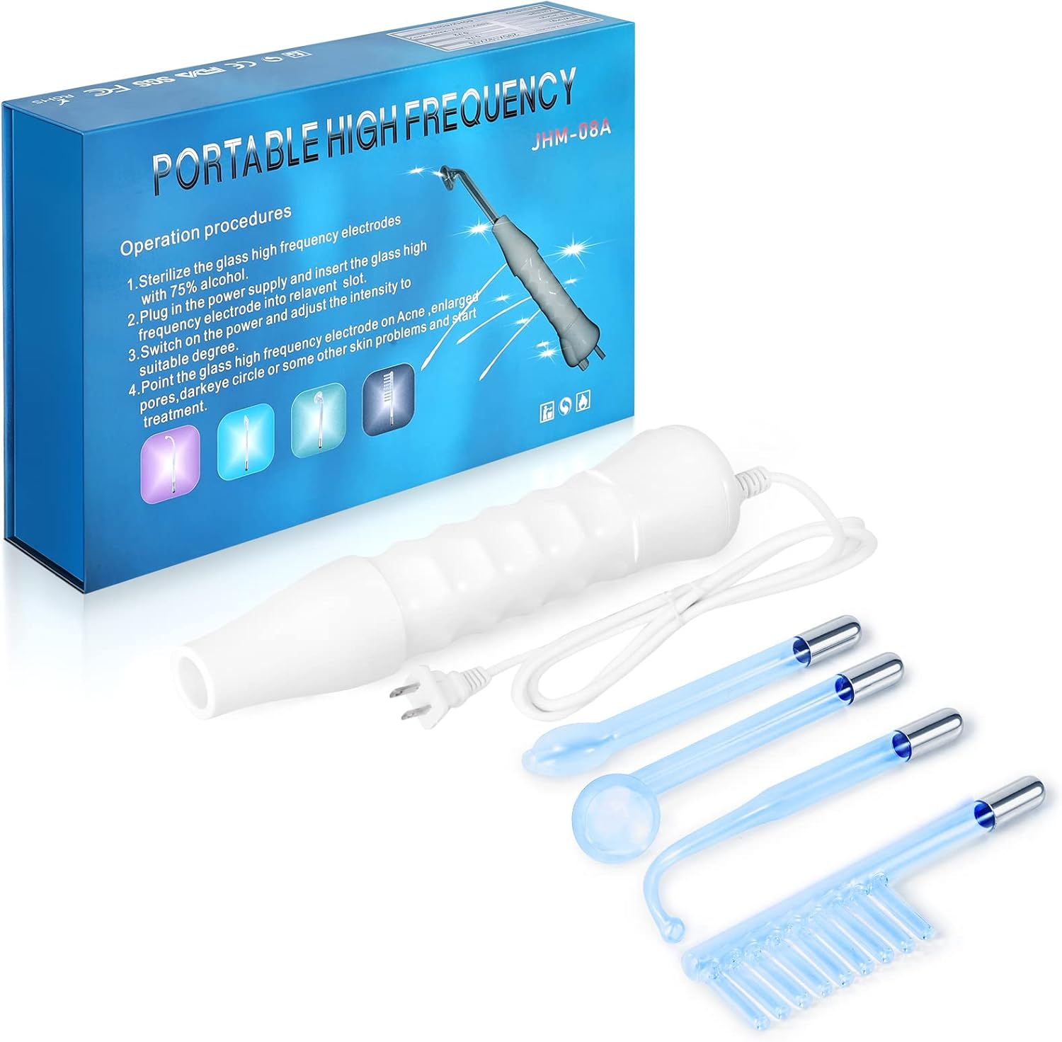 High Frequency Stick Face Portable Hand Electrode Stick Glass Tube Skin Therapy Device with 4 Argon Rods - Acne Treatment - Skin Tightening - Wrinkle Reduction