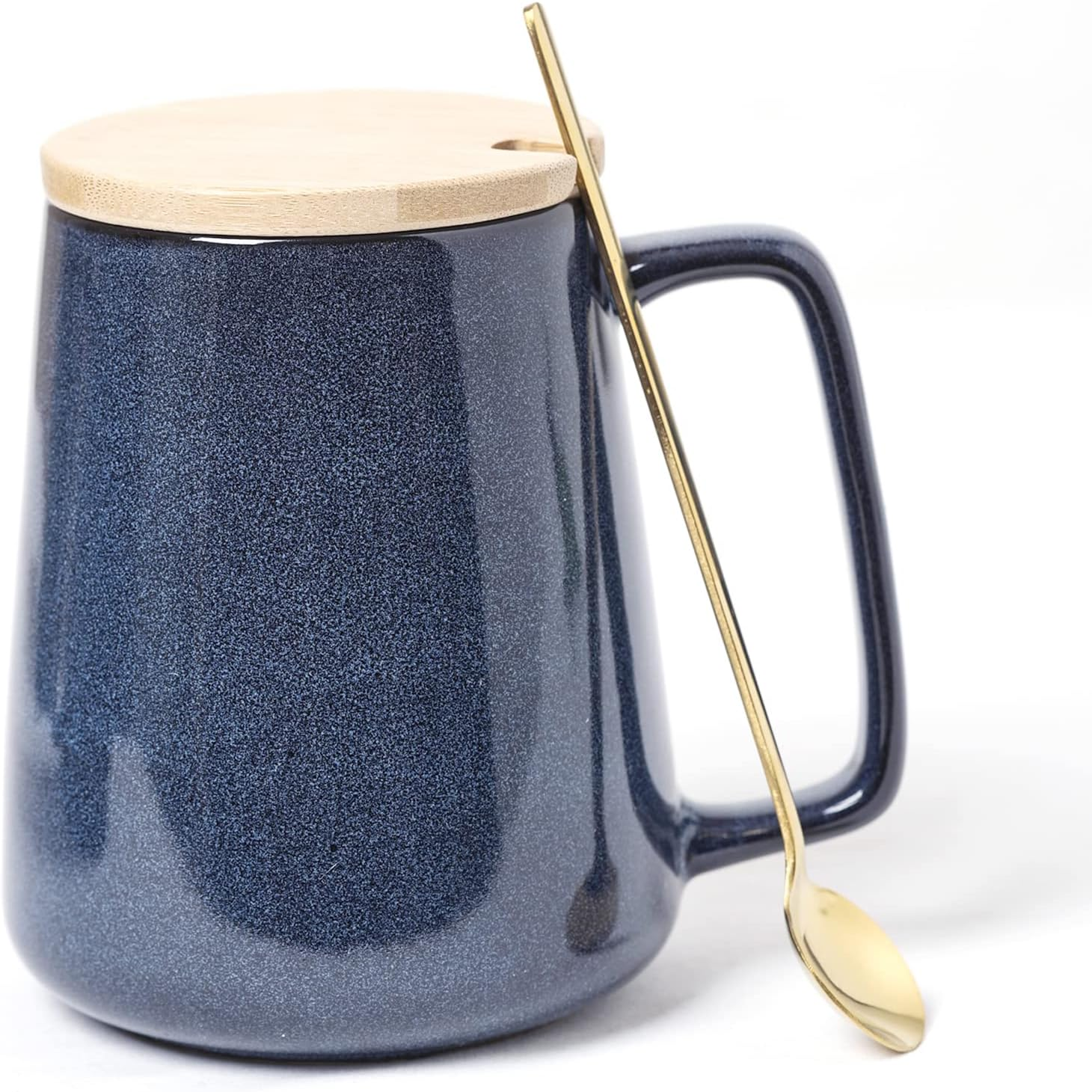 Large Ceramics Coffee Mugs,24 Oz,With Spoon and Wooden Lid,For Coffee,Tea,Cocoa,Large Handle Design,Microwave and Dishwasher Safe (24 Oz Green Set)