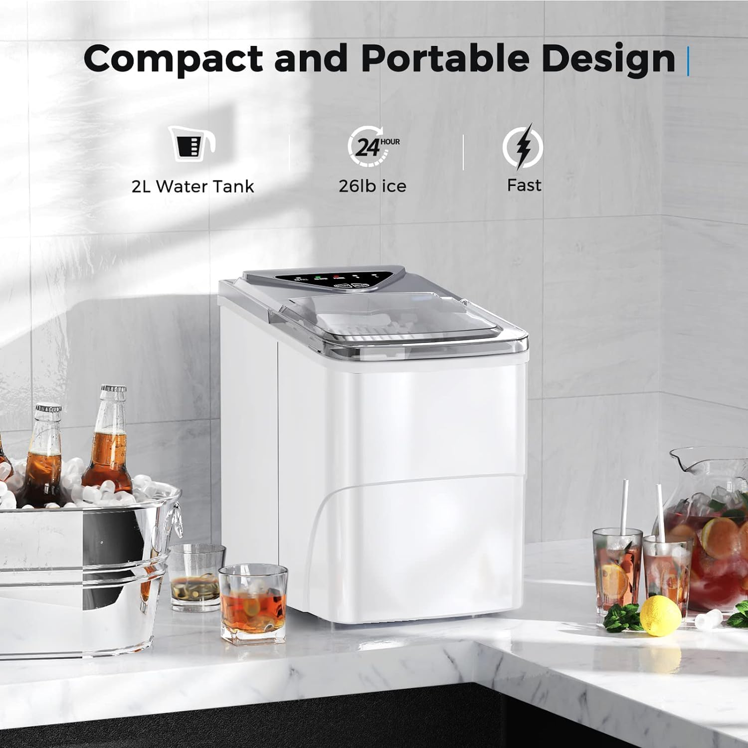 Cobuy Self-Cleaning Ice Machine Countertop, 9 Cubes Ready in 6 Mins, 12KG in 24Hrs, Portable Ice Maker Machine for Home Kitchen Office Bar Party, White