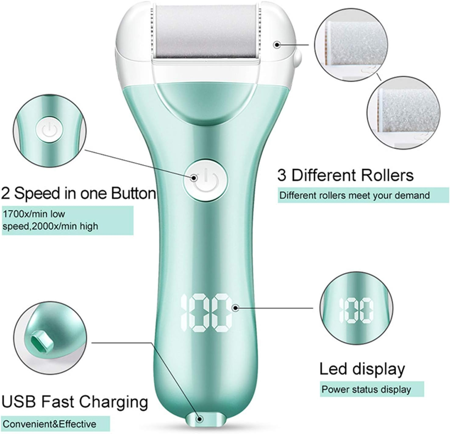 Electric Foot Grinder Callus Remover USB Rechargeable Foot Care Tool with 3 Roller Heads