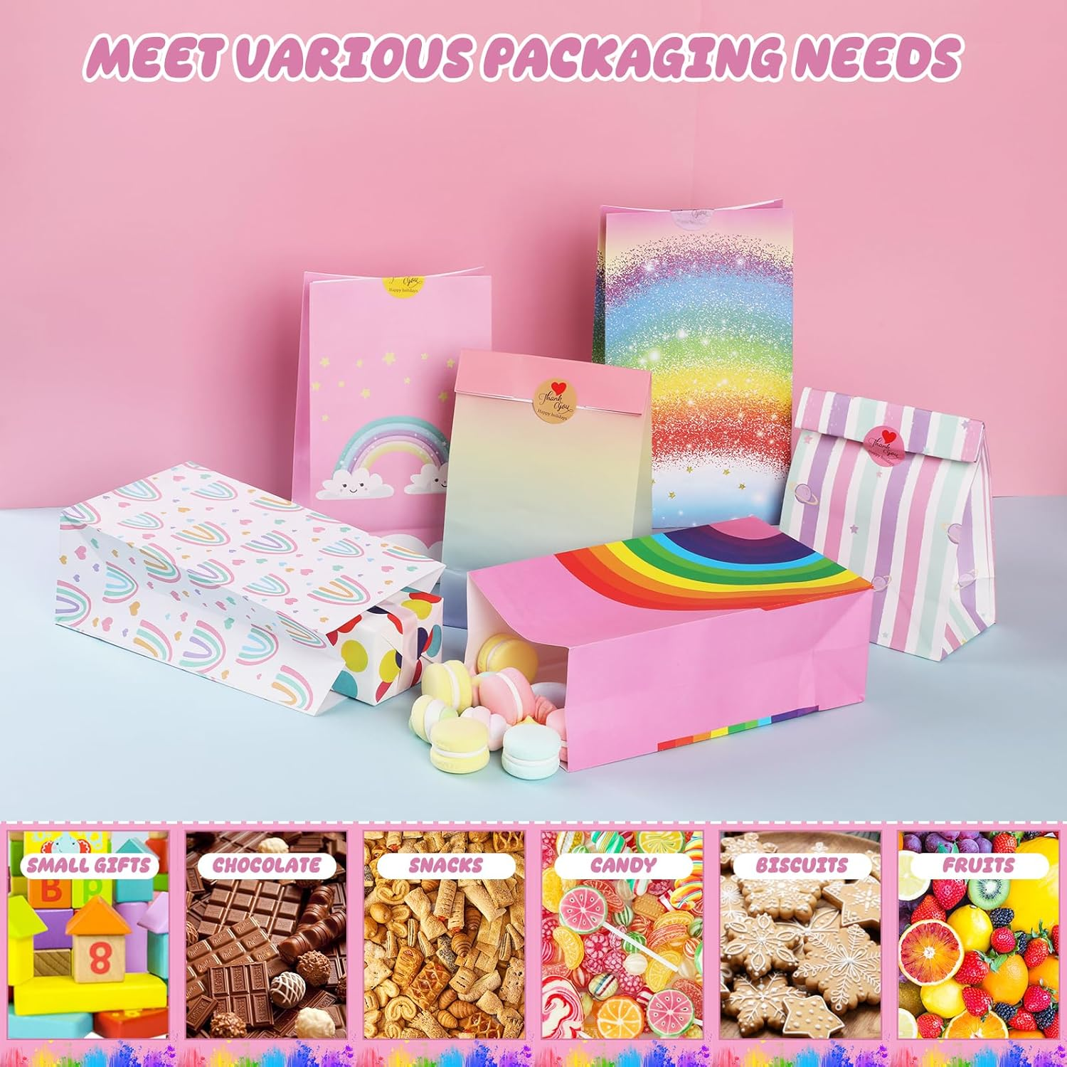 Secpeak Gift Paper Bags, 18 Pcs Small Birthday Gift Bags with 30 Stickers,Rainbow Paper Bags Goody Cookie Bags Bulks for Kids Girls Classroom Party, Wedding Holiday Party Favor - 22 X 13 X 8Cm image number 4
