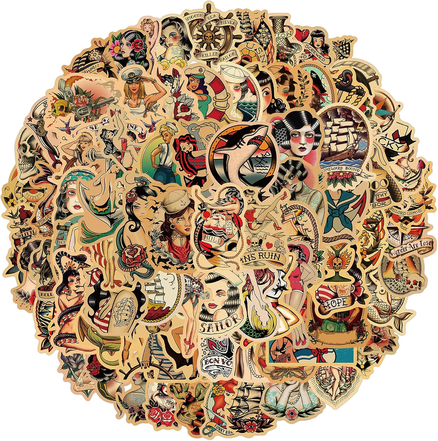 Vintage Stickers, 100Pcs Retro Girl Sailor Jerry Sticker Pack for Adults, Vinyl Waterproof Retro Pinup Girl Deals for Laptop Water Bottle Hydro Flask Car Motorcycle Guitar Phone Luggage Men Decoration image number 3