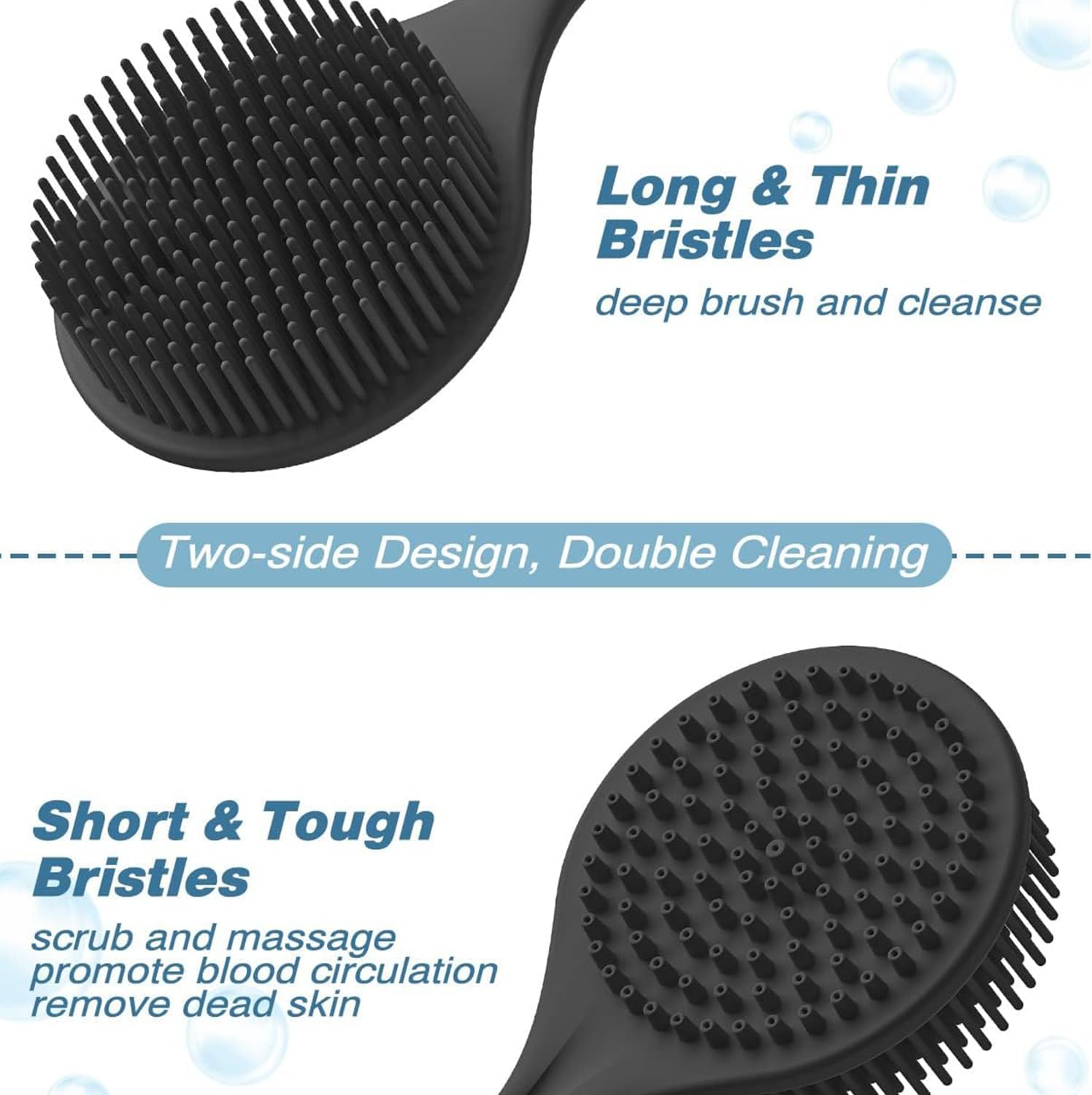 BEANPRECOY Silicone Body Scrubber for Shower 3 in 1 Bath Body Brush with Long Handle Double Sided Shower Brush for Shower Exfoliating and Massage Can Produce Rich Foam with Hook for Men Women image number 2