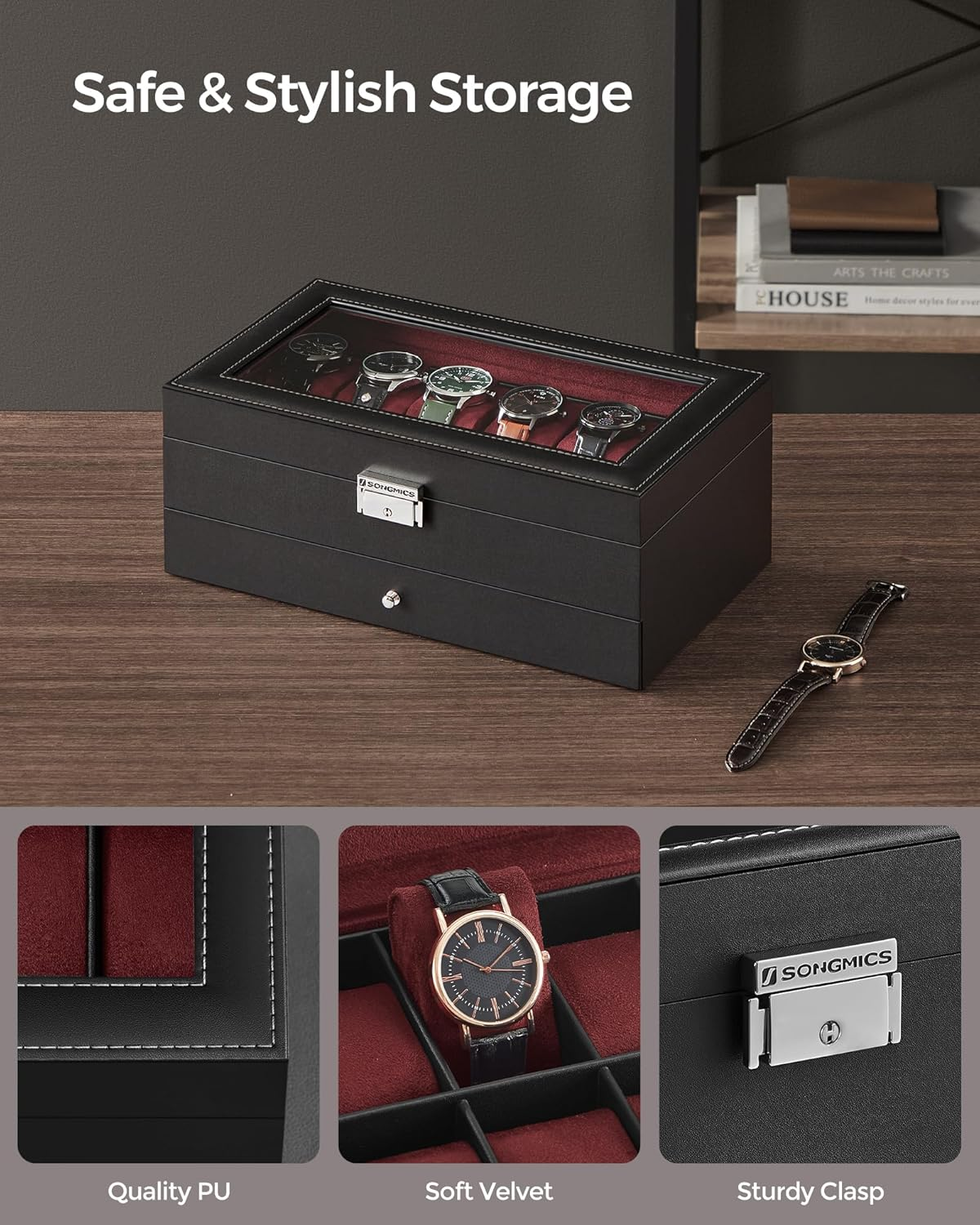 SONGMICS 12-Slot Watch Box, Lockable Watch Case with Glass Lid, 2 Layers, with 1 Drawer for Rings, Bracelets,Black Synthetic Leather, Wine Red Lining UJWB012R01 - Black + Gray image number 4