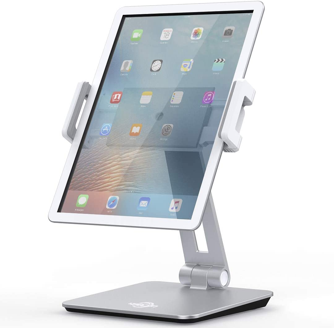 KABCON Swivel Tablet Stand, Aluminum Portable 360&deg;Rotating Holder for Desk,Business,Kitchen,Desktop,Table Stand for Ipad Pro 9.7,10.5,12.9/Air Mini,Tab,Fire,Nexus,E-Reader-Silver
