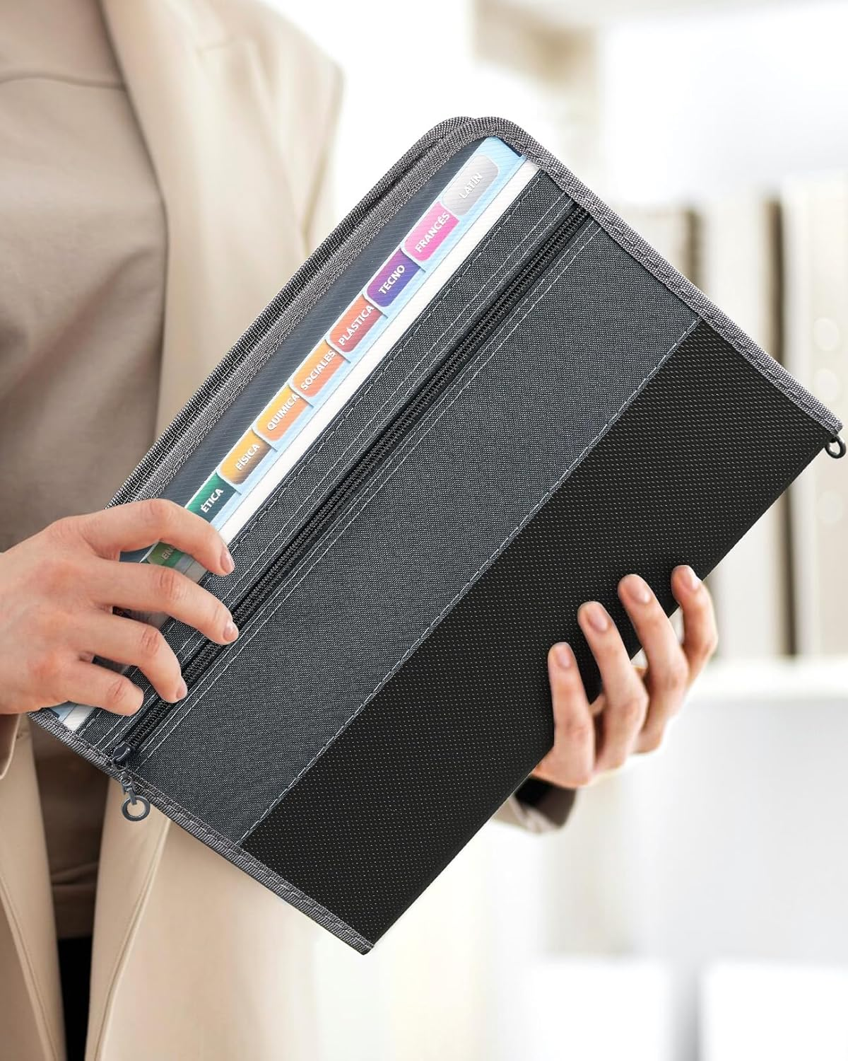 Sooez Expanding File Folder with Sticky Labels, 13 Pocket Accordion Document Organizer Fabric/Poly Expanding Zip File with Zipper Closure Front Pocket，Letter A4 Paper Document Accordion Folder, Blue image number 6