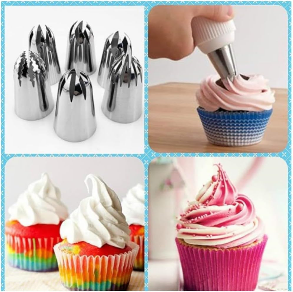 Piping Nozzle Tip, 6 Pcs Large Icing Piping Tips, 1M 2D 2F Cake Cupcake Decorating Tips Set, Seamless Swirl Piping Tips Cake Piping Nozzles Tips Kit, Star Drop Flower Rose Petal Frosting Tip image number 6
