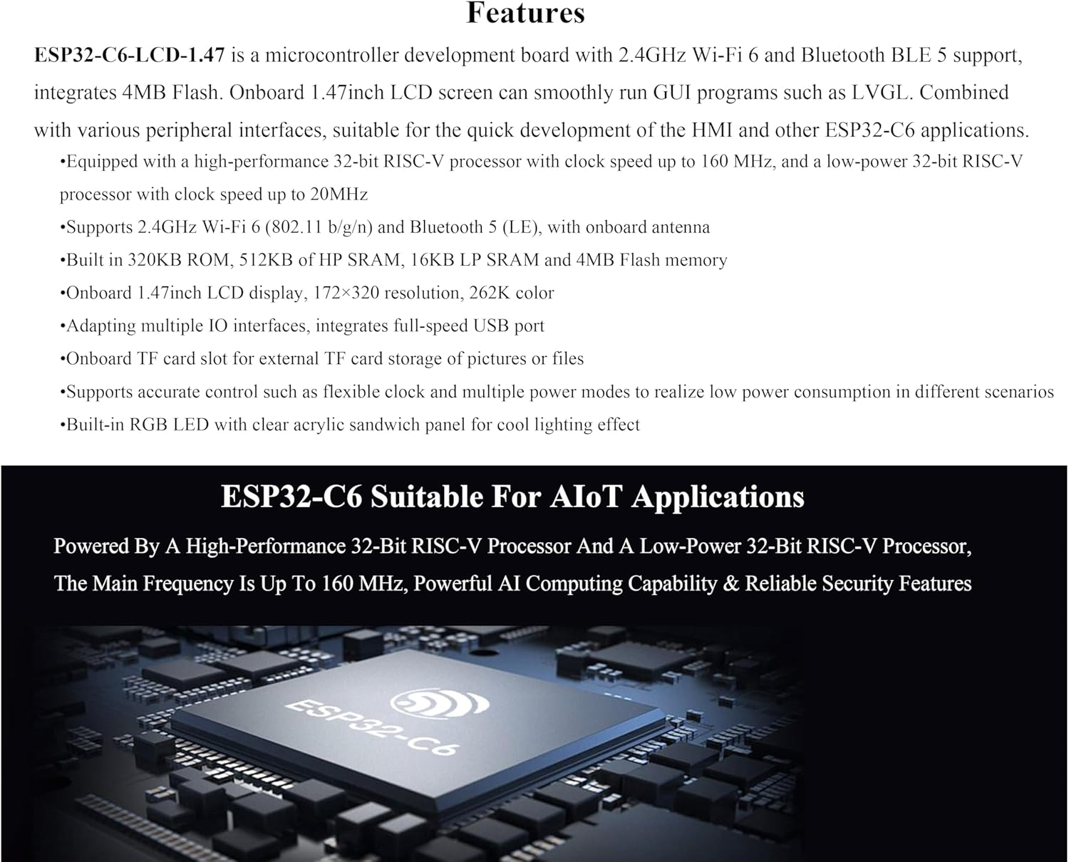 ESP32-C6 1.47Inch Display Development Board,172X320, 262K Color, 160Mhz Running Frequency Single-Core Processor, Support W-If-I & BLE, with Colorful RGB LED, with Pre-Soldered Header image number 5