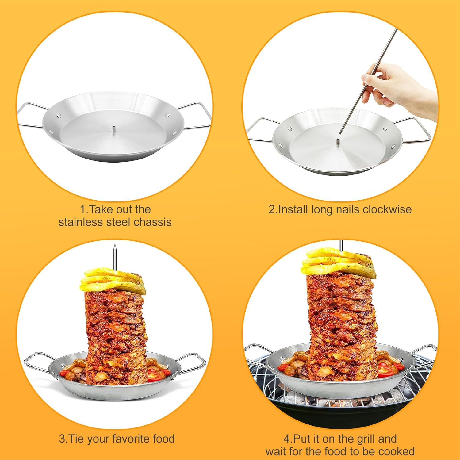 Al Pastor Skewer for Grill, Brazilian Vertical Spit Stand, Stainless Steel Vertical Skewer with 3 Removable Spikes(8"/10"/12") & Brushes, for Shawarma, Tacos Al Pastor, BBQ Dishes, Smoker Oven, Kebabs image number 4