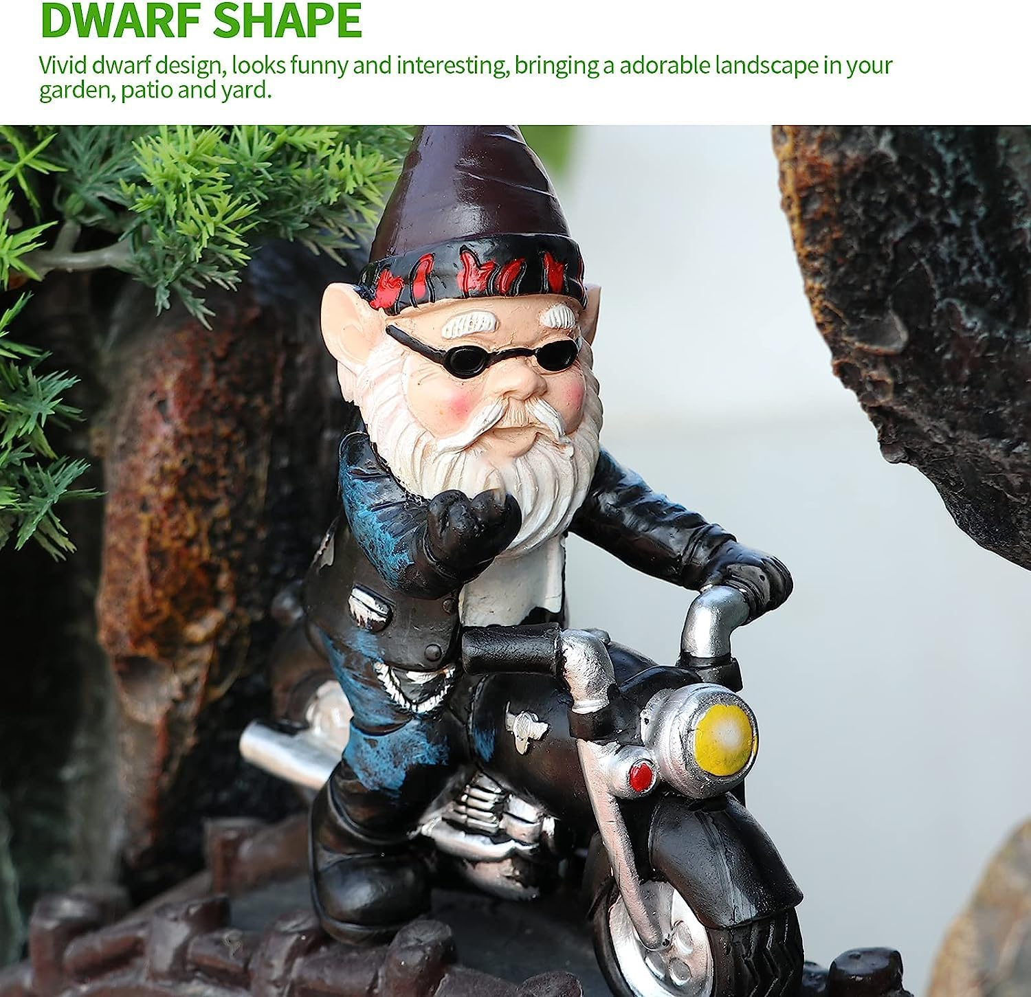 Garden Statues Outdoor, ALLOMN Dwarf Ornament Decorative, Gnome Figurine Resin Garden Statue Waterproof Art Ornament Funny Interesting Garden Decor Sculpture Dwarf Ride Motorbike for Garden Patio Lawn image number 2
