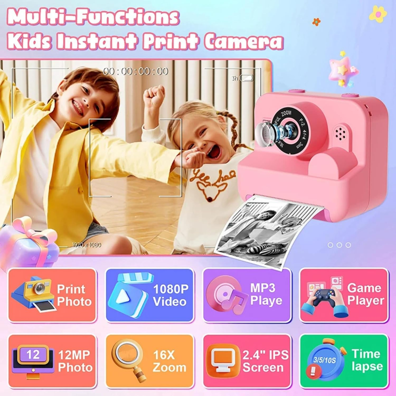 Kids Camera Instant Print, 1080P HD Instant Printing Camera with 3 Rolls Printing Paper & 32GB Card, Selfie Digital Camara for Kids, Ideal Toys Gifts for Boys & Girls Age 3-14 (Purple)