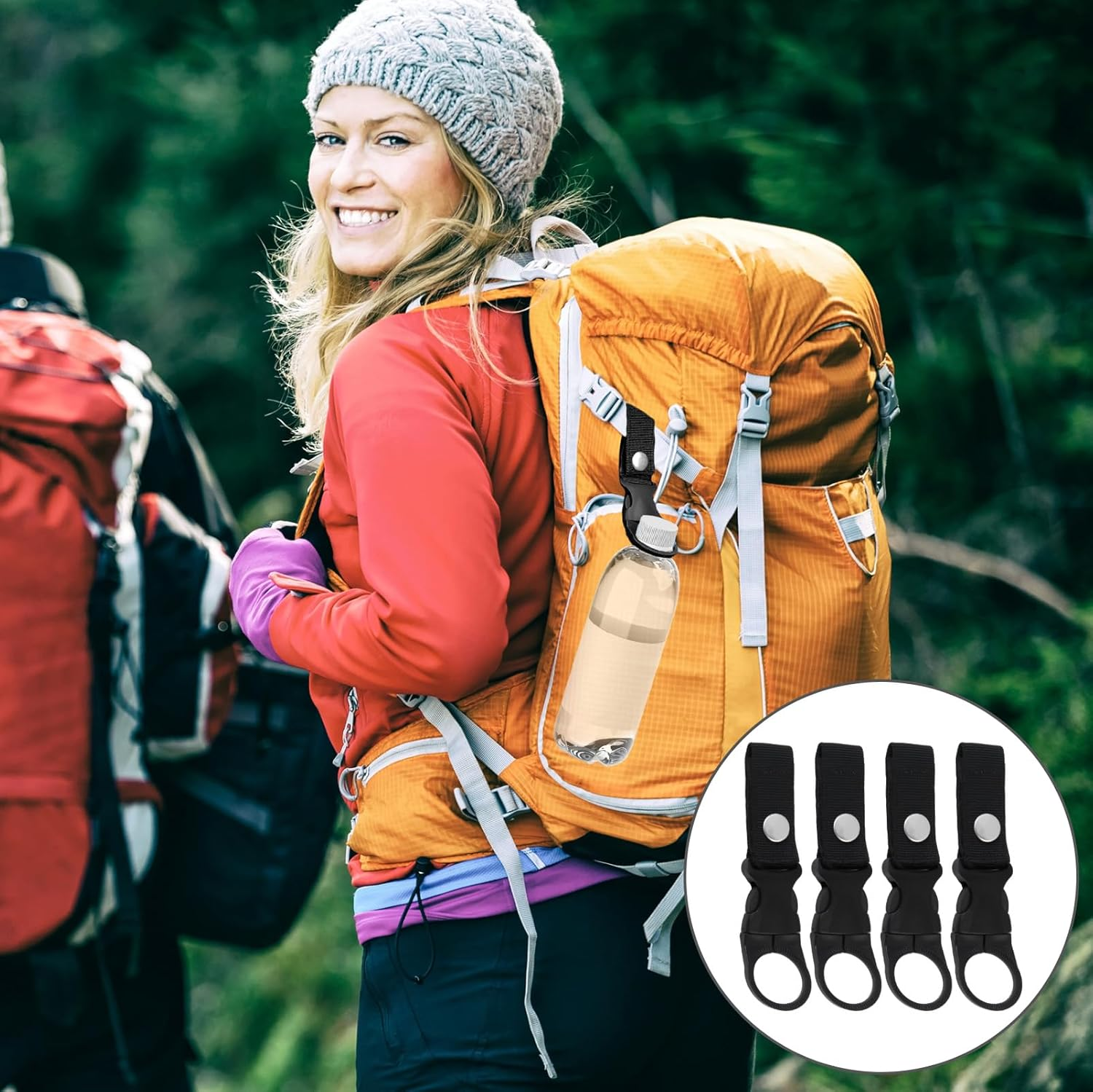 4 Pcs Water Bottle Clips - Secure Nylon Belt & Backpack Hanger for Hiking, Camping, Cycling - Portable Bottle Ring Holder for Outdoor Travel (Black) image number 2
