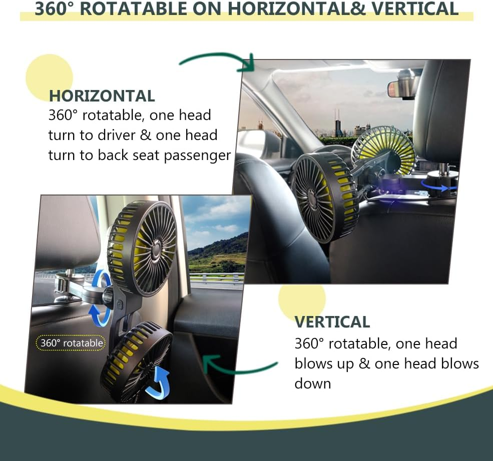 Reelau Car Backseat Fan USB Operated, Dual Head 5V USB Car Cooling Fan for Back Seat Super Strong Airflow Standing Desktop Fan Any Angle Adjustable Automobile Fan Vehicle Fan for Car Truck Van SUV RV image number 2