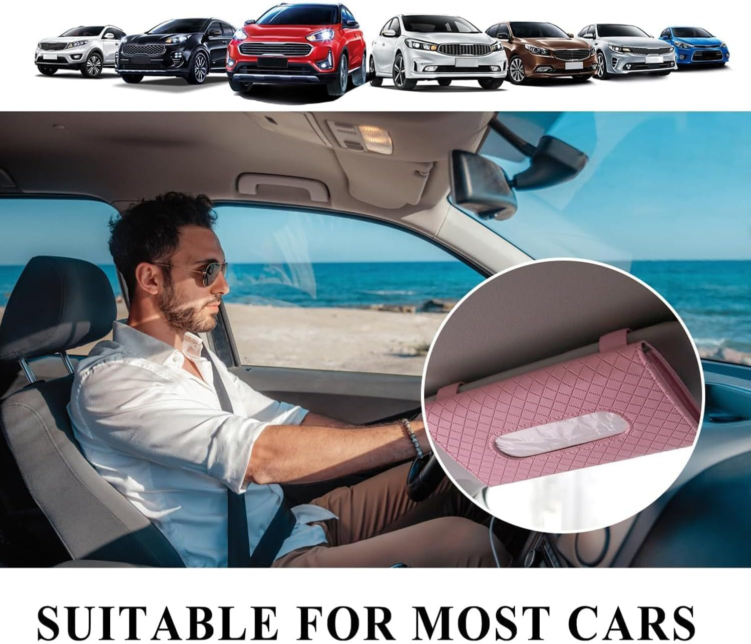 Car Tissue Holder, Car Visor Tissue Holder, PU Leather Car Tissue Holder, Hanging Paper Towel Clip, Car Sun Visor Accessories, Compatible with Most Cars (Pink) image number 1