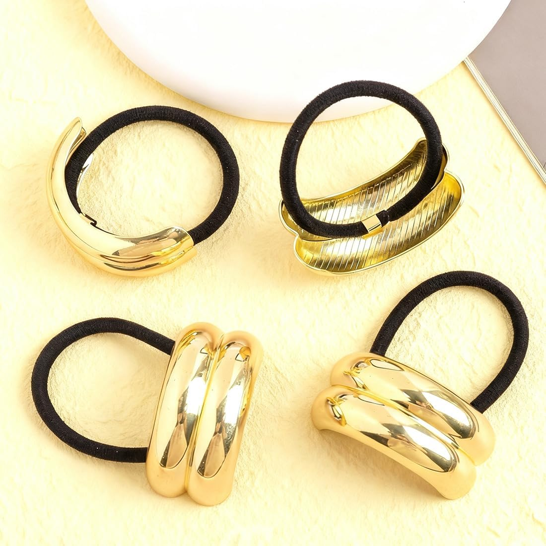 VAEIORP Pack of 4 Metal Hair Cuffs, Elastic Hair Bands, Bracelet, Ponytail Holder, Hair Band for Women and Girls, Thick, Thin, Curly (Gold, Black) image number 1