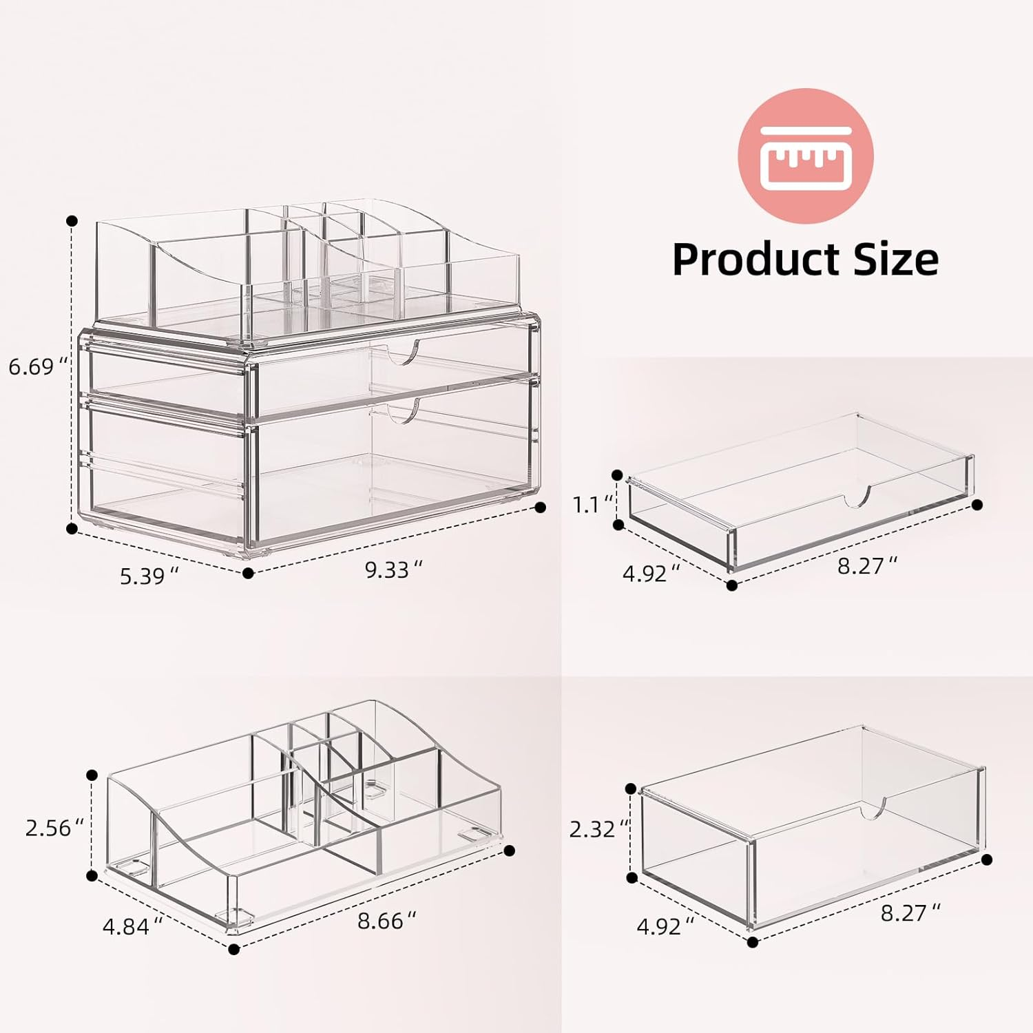 Delamu 3-Tier Clear Makeup Organizer with Drawer, Acrylic Cosmetic Display Case for Makeup Vanity Bathroom Counter Organizers and Storage, Stackable Vanity Organizer for Brushes Lipsticks Skincare image number 5