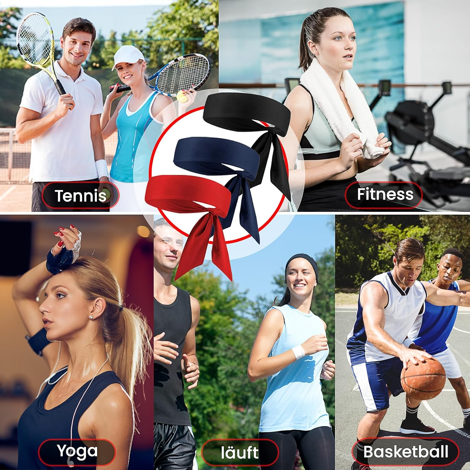 Sports Headband, Pack of 3 Tennis Tie Headband, Adjustable Sweatband, Bandana Cap, Unisex Headband, Sports Headwear for Women and Men, Running, Fitness, Yoga, Tennis (Black, Red, Navy Blue) image number 4