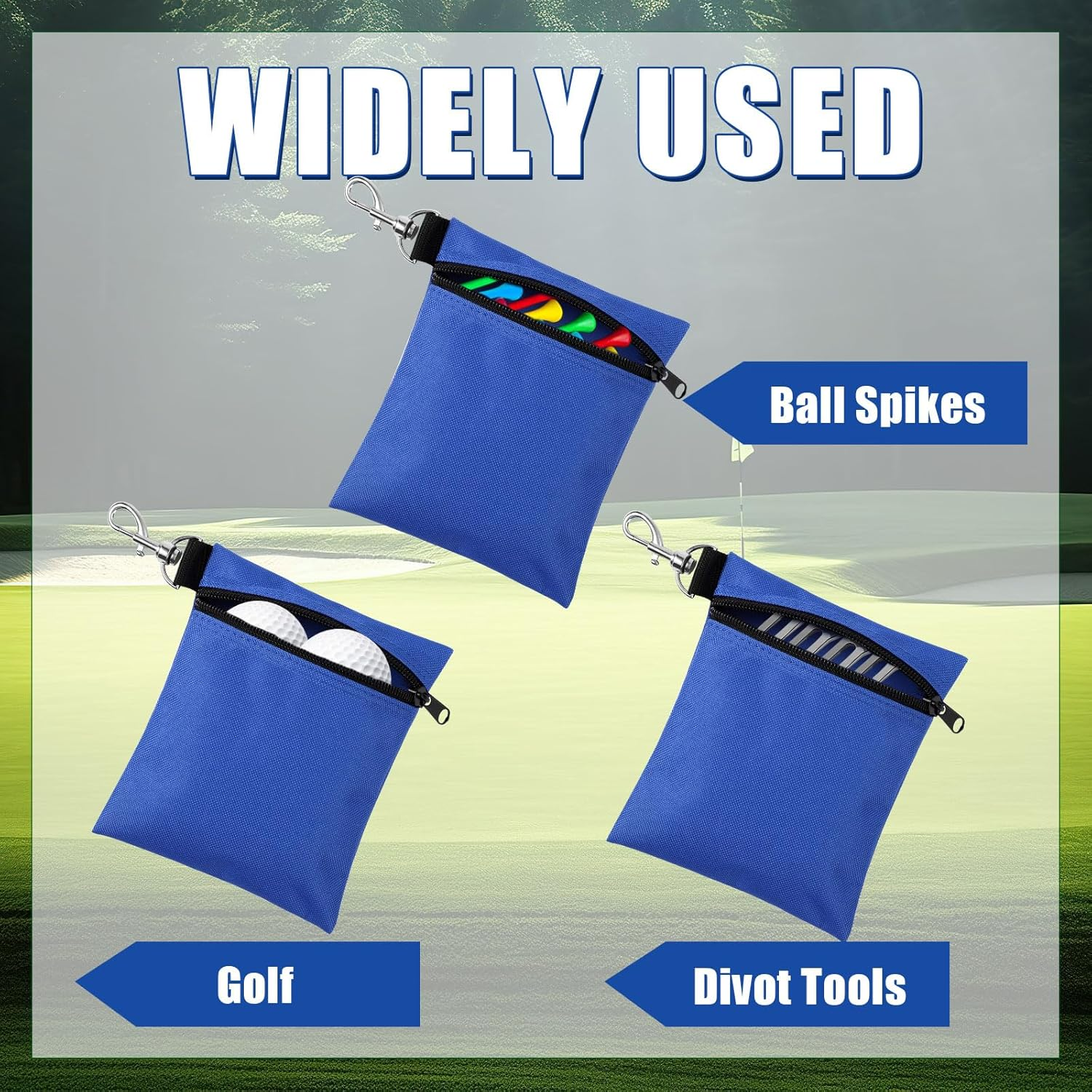 NQEUEPN 3Pcs Golf Tee Bags, 6.69X5.51In Portable Golf Ball Pouch Zipper Golf Accessory Bag with Metal Lobster Claw Clip Golf Ball Storage Bag for Valuables & Golf Accessories(Blue) image number 2