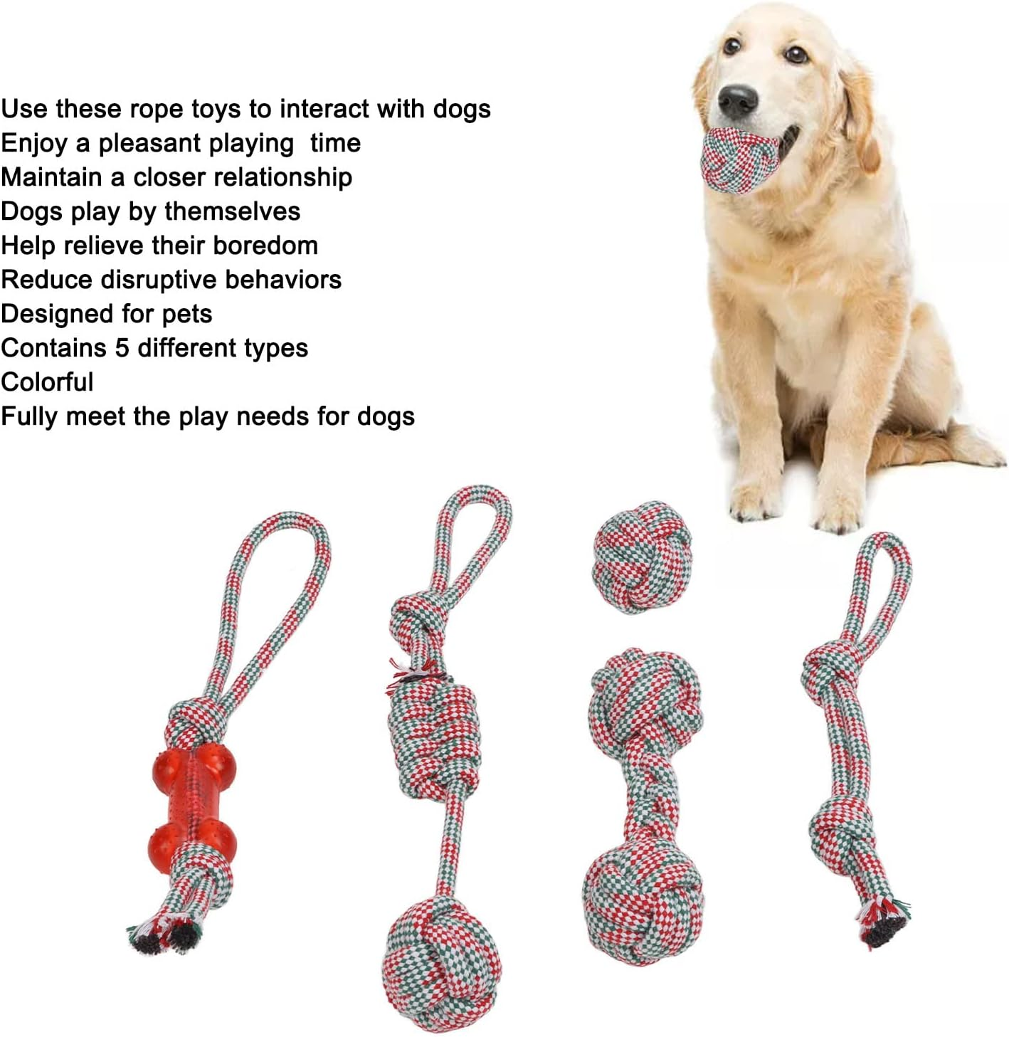 5Pcs Dog Rope Toys, Puppy Chew Teething Training Toys, Rope Knot Dog Toy Pet Cotton Rope Toy Interactive Colorful Washable Dog Chewing Toy for Teeth Cleaning image number 5