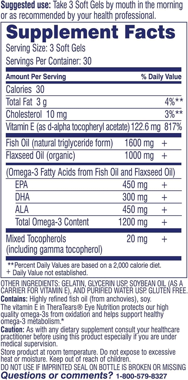 Theratears 1200Mg Omega 3 Supplement for Eye Nutrition, Organic Flaxseed Triglyceride Fish Oil and Vitamin E, 90 Count image number 1