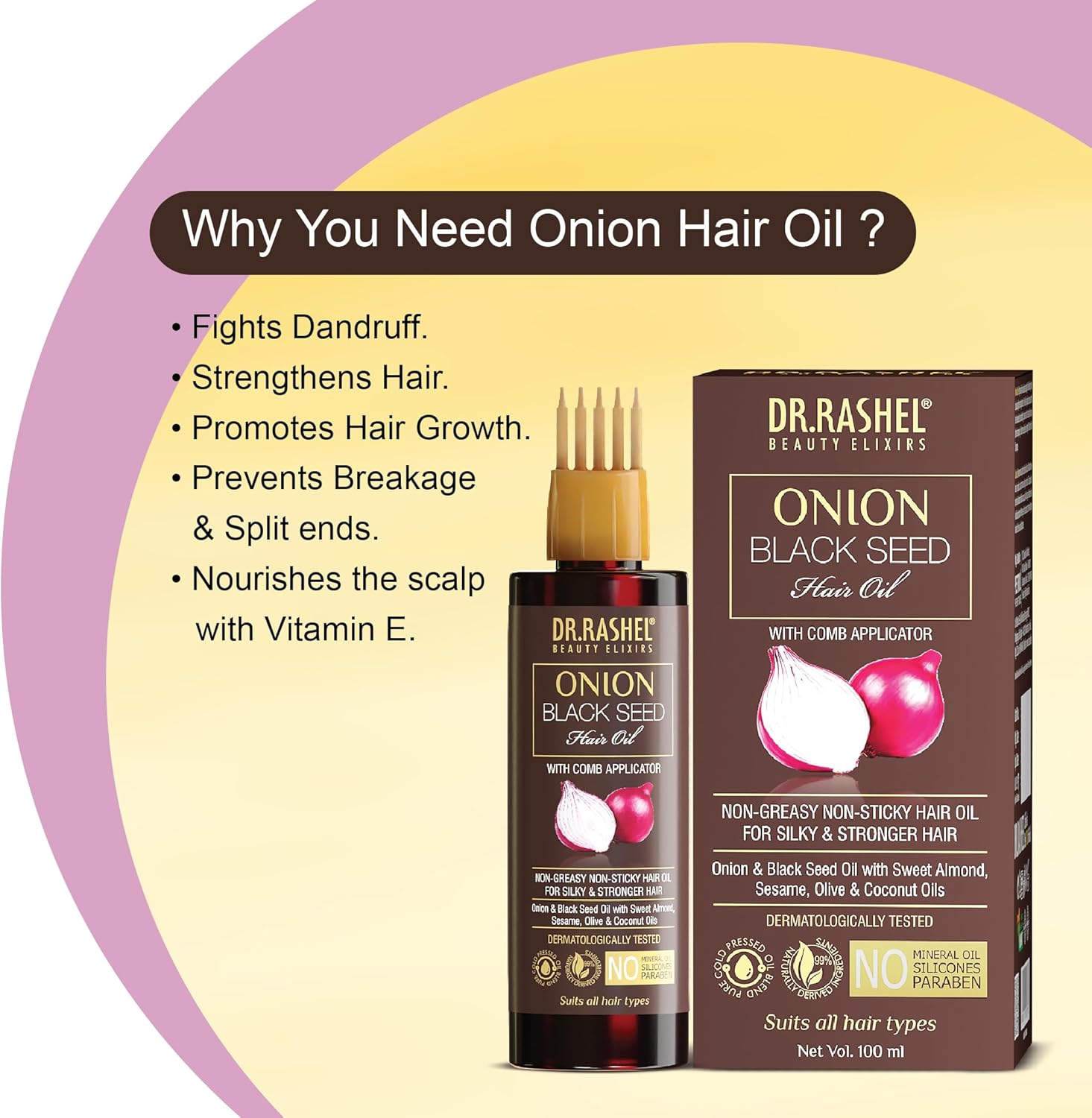 DR.RASHEL Onion Oil - Black Seed Onion Hair Oil with Comb Applicator - Controls Hair Fall - No Mineral Oil, Silicones & Paraben - 100 Ml image number 2