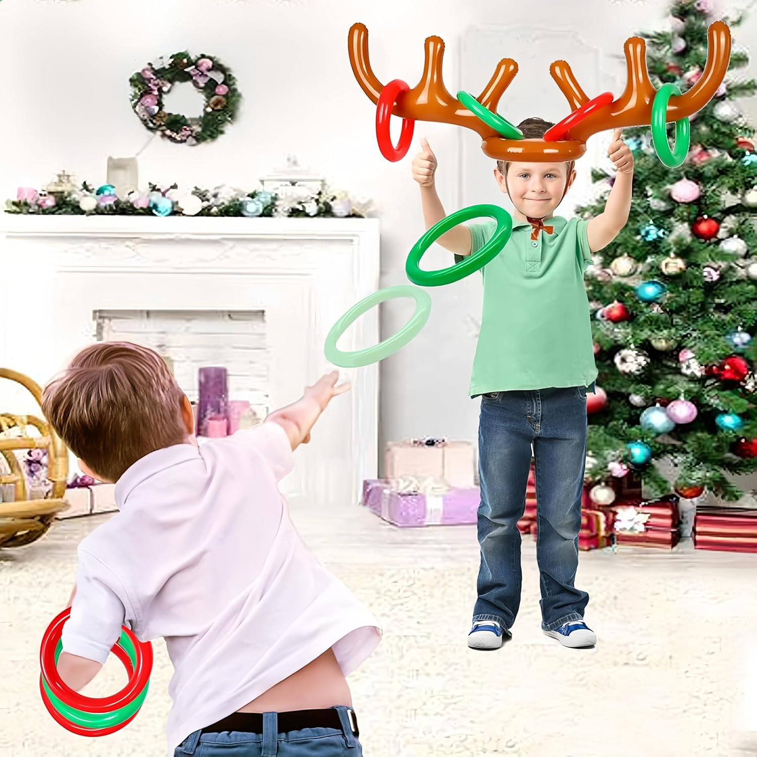 Inflatable Reindeer Antler Ring Toss Game,Inflatable Reindeer Antler Hat,Christmas Party Ring Toss Games Favors Supplies (3 Antlers 12 Rings 1 Air Pump) image number 2