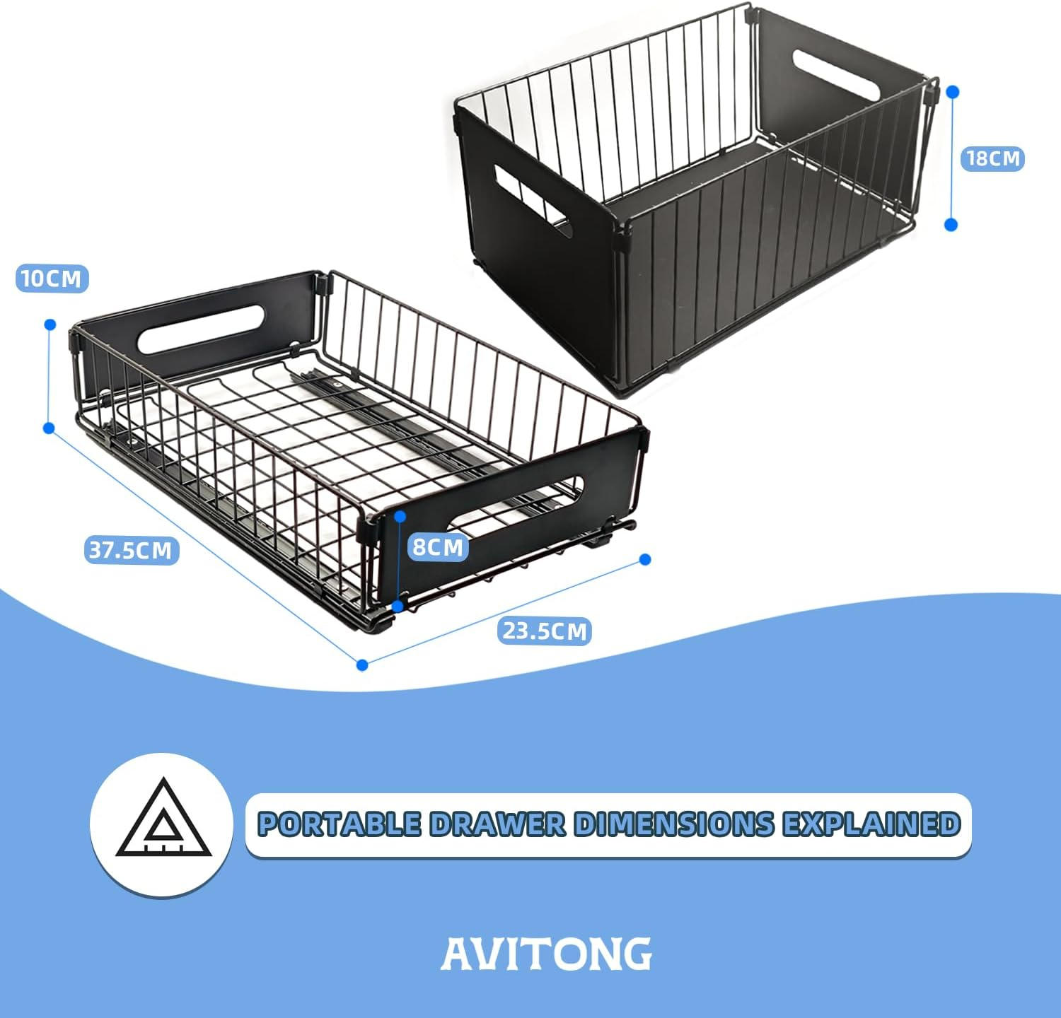 AVITONG 2 Pack Pull Out Cabinet Organiser Basket Set, Slide-Out Storage Drawers for Kitchen Pantry, Adhesive Installation, 1 Large + 1 Small Set, No Drilling image number 1