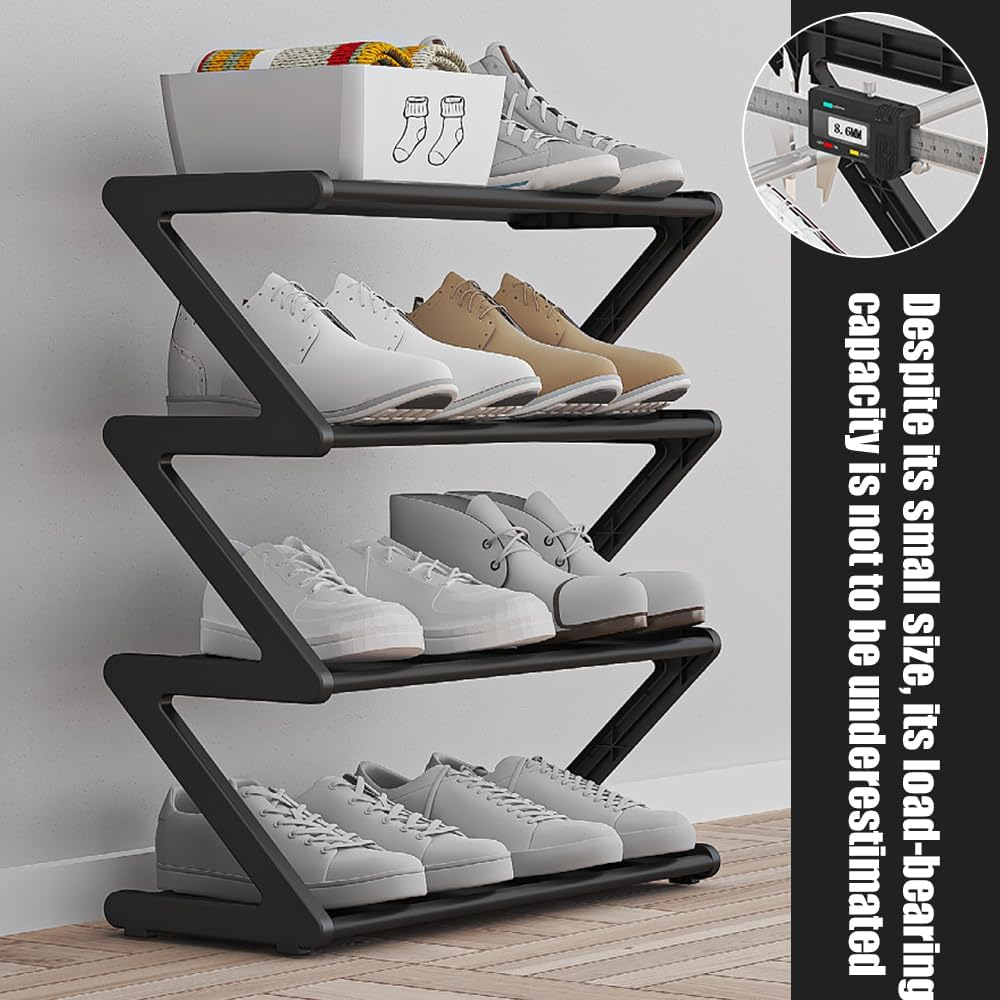4-Tier Shoe Rack, Stainless Steel Shoe Storage Organizer, Stackable Shoe Tower Free Standing Shoe Shelf for Closet Entryway Balcony Living Room Bedroom (Black) - Black image number 3