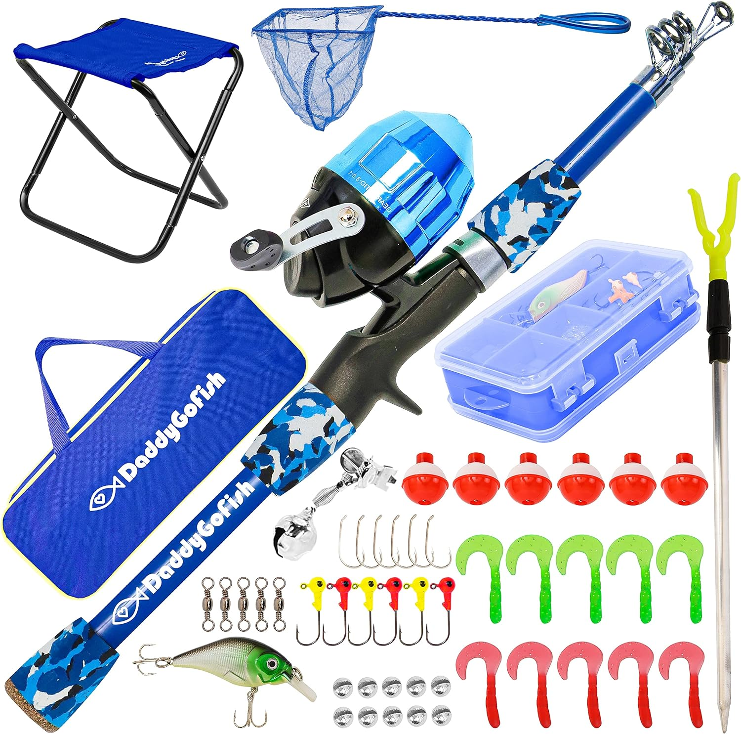 Daddygofish Kids Fishing Pole &ndash; Telescopic Rod & Reel Combo with Collapsible Chair, Rod Holder, Tackle Box, Bait Net and Carry Bag for Boys and Girls