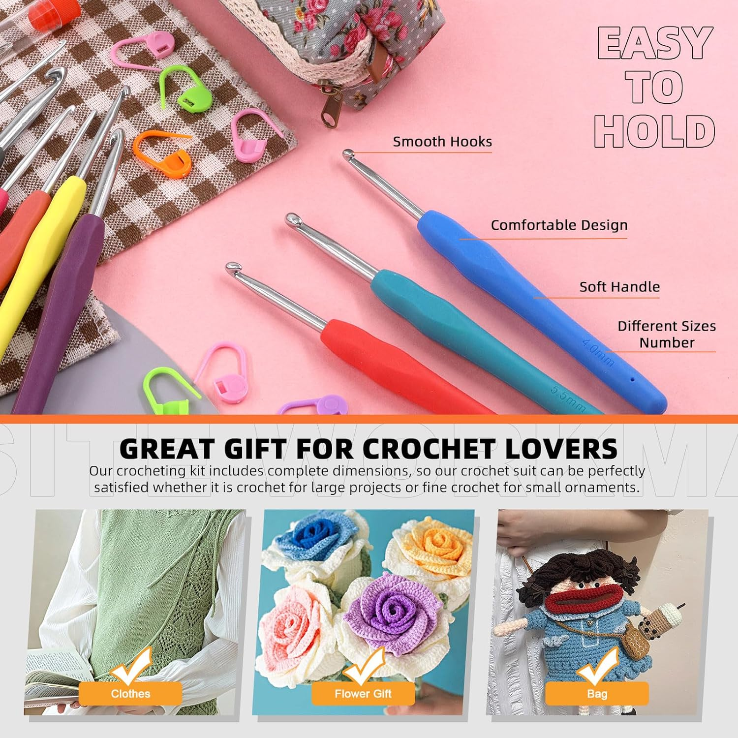 Tanstic 29Pcs Crochet Hooks Set with Ergonomic Handle Crochet Hooks(2-6Mm), Large-Eye Blunt Needles, Stitch Markers and Storage Case for Arthritic Hands Beginners