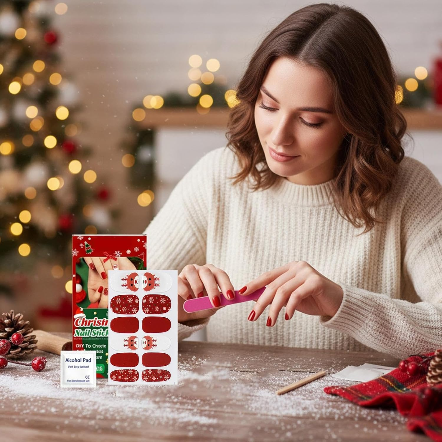 Christmas Nail Wraps | Glitter Art Decal,Snowflake Elk Design Gel Nail Wraps with File and Stick,For Holiday Winter Home Party Salon image number 1