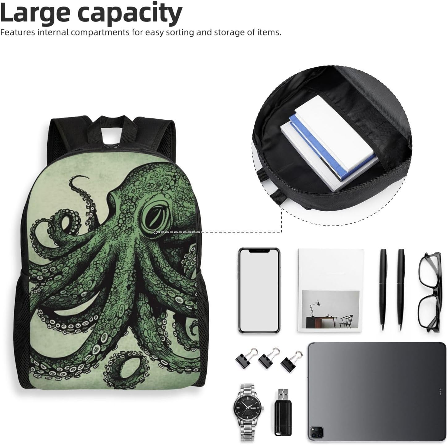 FJWSLCH Green Octopus Backpack for Women Men Laptop Backpack 16.1 Inch Computer Bag Casual Daypack for Travel, Black, One Size, Travel Backpacks image number 5