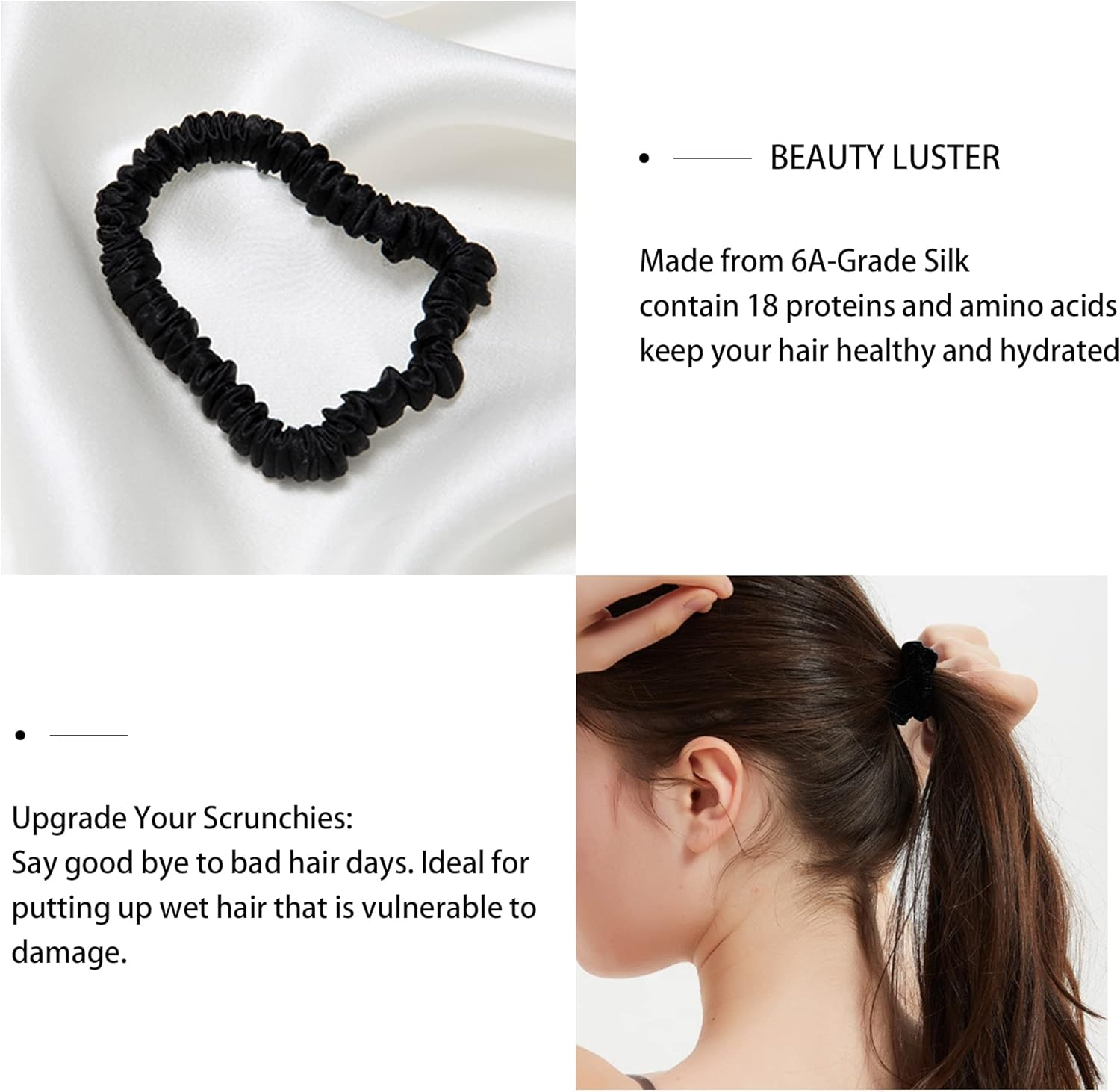 Townssilk Silk Skinnie Scrunchies 100% Pure 22 Momme Mulberry Silk Hair Ties for Women Hair Friendly Luxurious Elastic Scrunchies Set(5 Scrunchies Black)