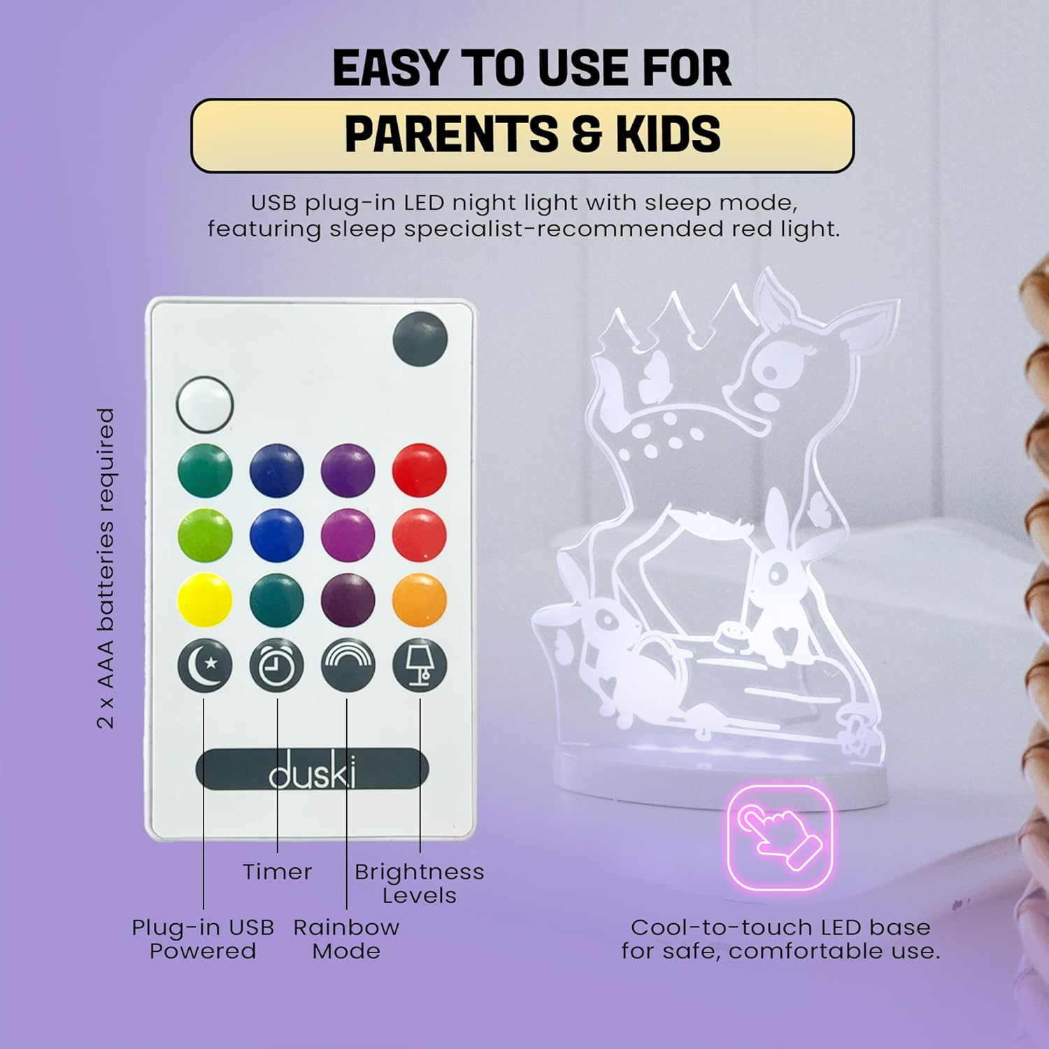 Duski Dream Night Light-Woodlands Plug-In Night Light for Kids | 13 Colour LED Lamp with Timer, Dimmer & Remote | USB Powered | Safe & Soothing Bedside Light for Baby, Toddler & Nursery image number 1