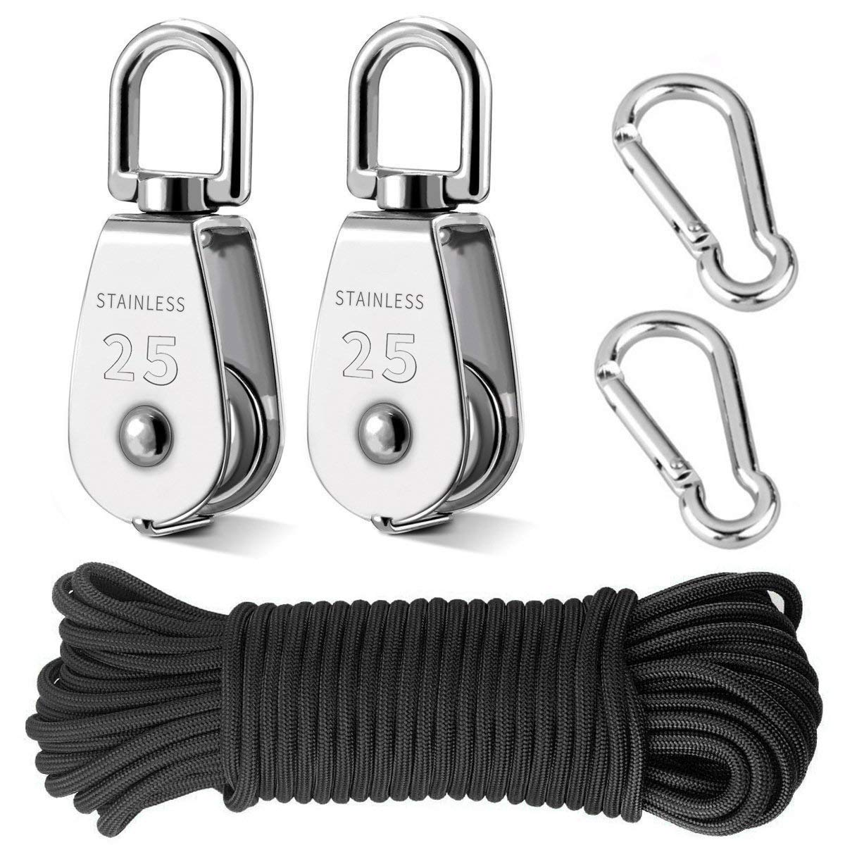 Tootaci 2Pcs M25 Crane Pulley Block,Heavy Duty Pully System for Lifting,304 Stainless Steel Swivel Hook Single Pulley Block with 20M(6Mm) Nylon Pulley Rope & 2Pcs Carabiner Snap Hook image number 2