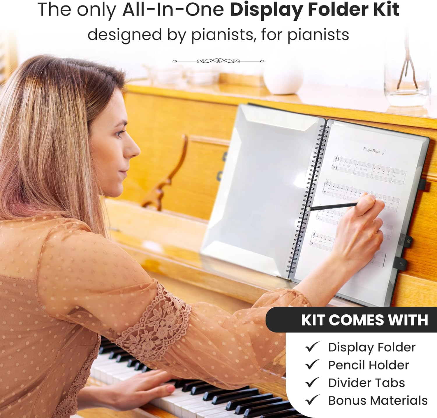 Pianoglory A4 Music Folder Value Pack with Divider Tabs, Pencil Holder, 40 Pages, Black with Gold Grand Piano Design image number 5