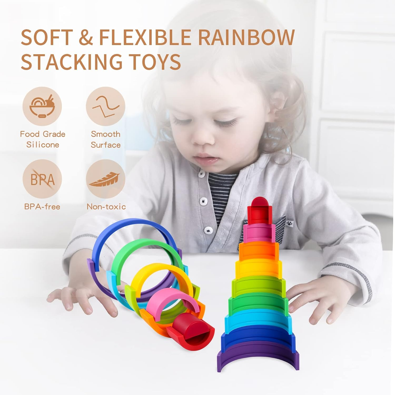 Silicone Rainbow Stacking Toy Set, 10 Pcs Rainbow Stacker Building Blocks Toys, Nesting Puzzle Montessori Toys Preschool Learning Gift image number 2