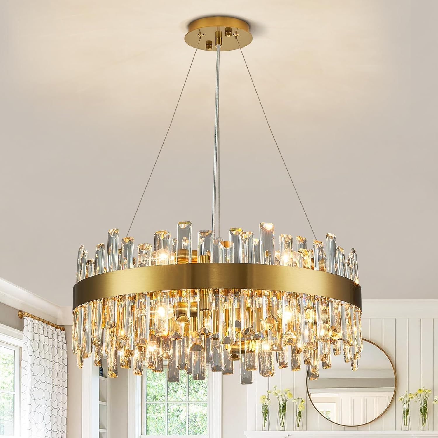 USOR Modern Crystal Chandelier, 12 Lights Gold Pendant Light D60Cm Contemporary round Ring K9 Crystal Ceiling Light Fixture for Dining Living Room Kitchen Island 3 Color Temperature Bulbs Included