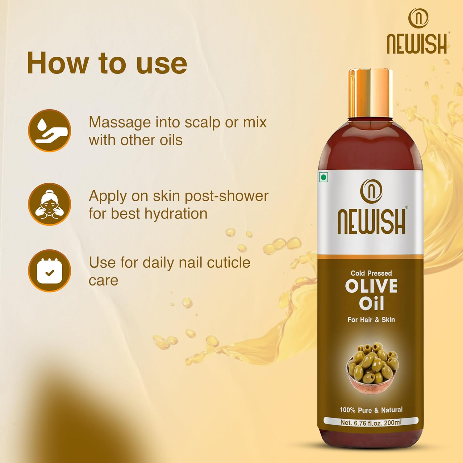 Newish&reg; Pure Cold Pressed Olive Oil for Hair and Skin,200Ml (Pack of 2) image number 3