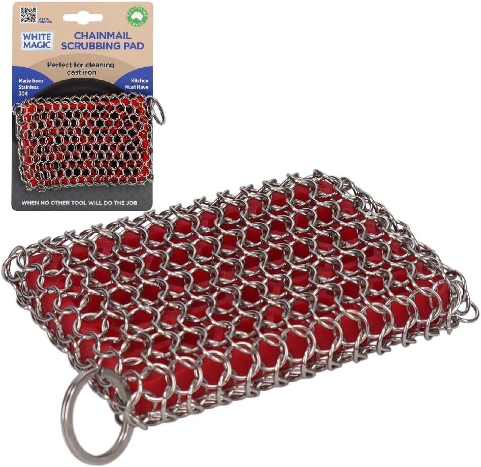 White Magic Chainmail Scrubbing Pad &ndash; Premium Stainless Steel 304, Heavy-Duty Cleaning for Stubborn Residue, Built-In Hang Loop, Dishwasher Safe, Perfect Scrubbing Power for Cast Iron Cookware