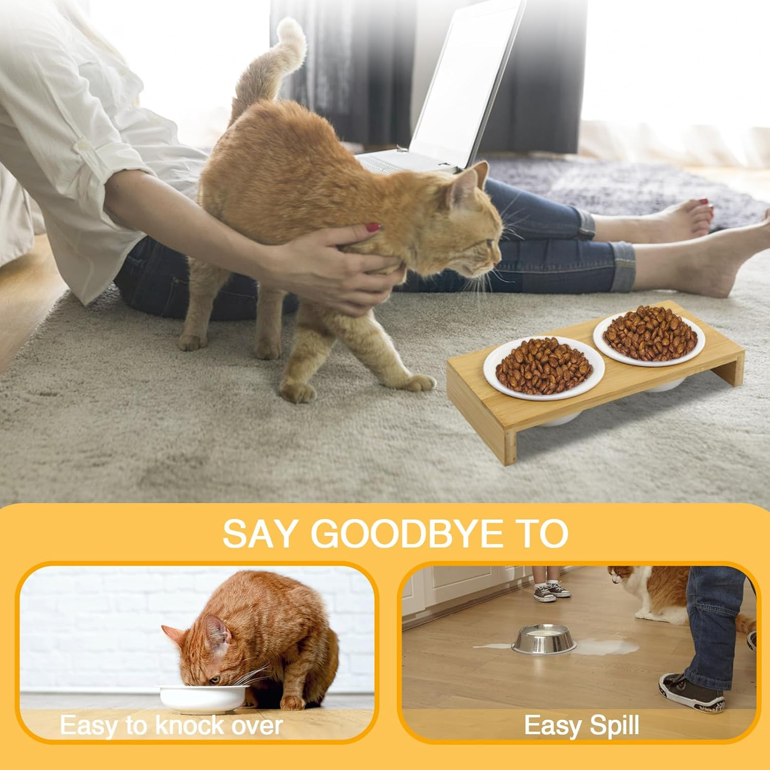 Raised Slow Feeder Dog Bowls, Dog Elevated Food Bowl with 2 Ceramic Bowls, 1.6" Height Cat Water and Food Bowl, Elevated Water Bowl for Dogs Cats (Bamboo)