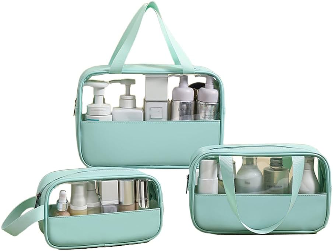 AIMALL 3 PCS PVC Translucent Makeup Bag Set with Reinforced Stitching - Durable - Available in White, Blue, Pink, Black, Yellow